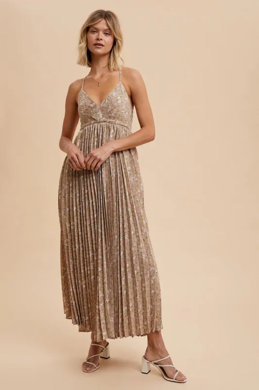 Mocha Floral Pleated Back Cutout Maxi Dress sold by Pinkblush