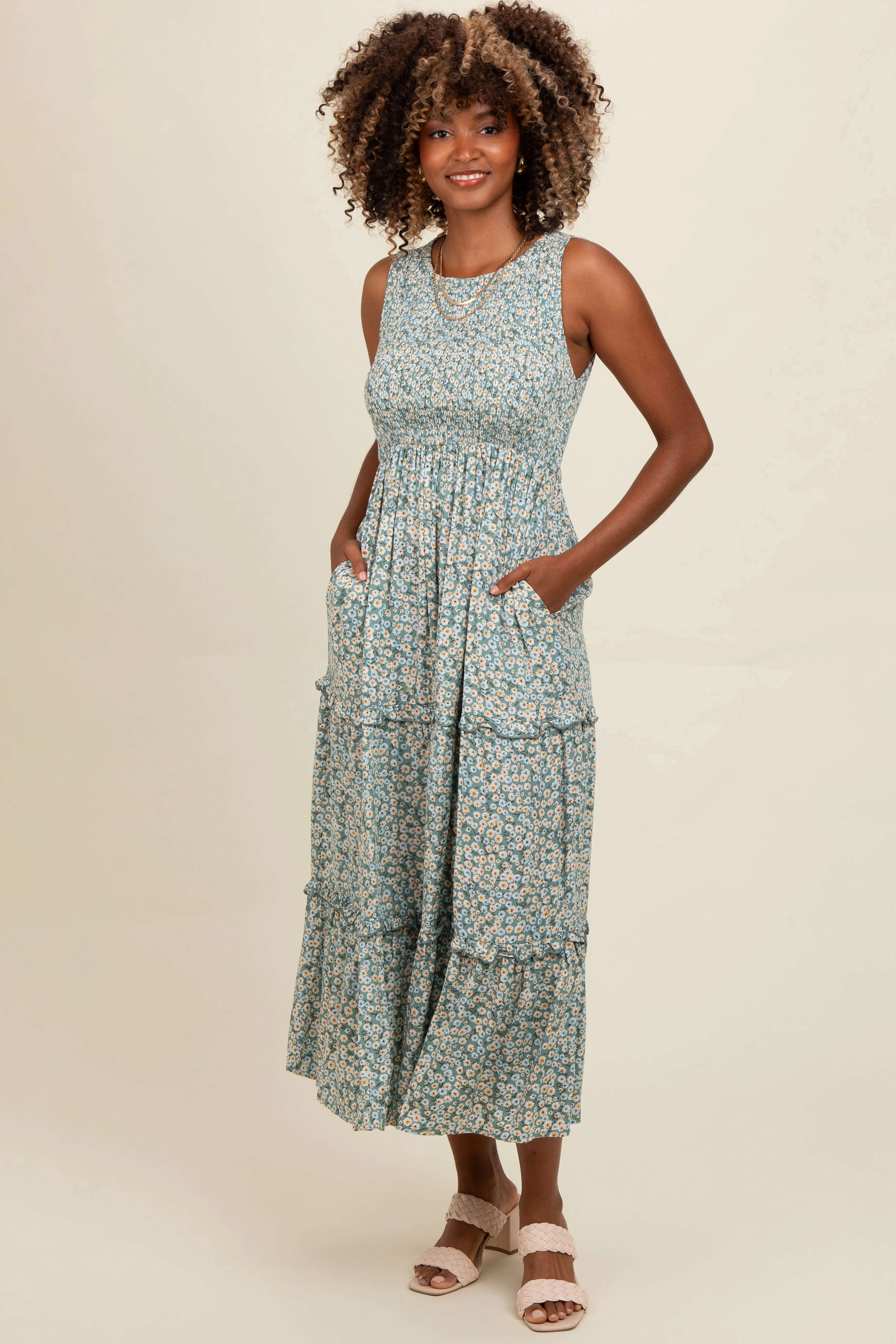 Light Olive Floral Sleeveless Ruffle Tiered Maternity Maxi Dress sold by Pinkblush product image thumbnail 5