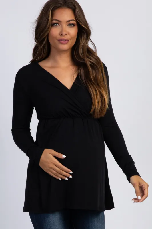 PinkBlush Black Long Sleeve Wrap Front Maternity Nursing Top sold by Pinkblush
