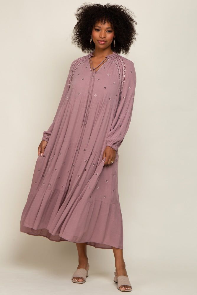 Mauve Ruffle Mock Neck Embroidered Tiered Midi Dress sold by Pinkblush product image thumbnail 5