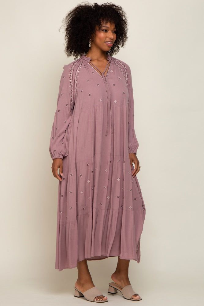 Mauve Ruffle Mock Neck Embroidered Tiered Midi Dress sold by Pinkblush product image thumbnail 2