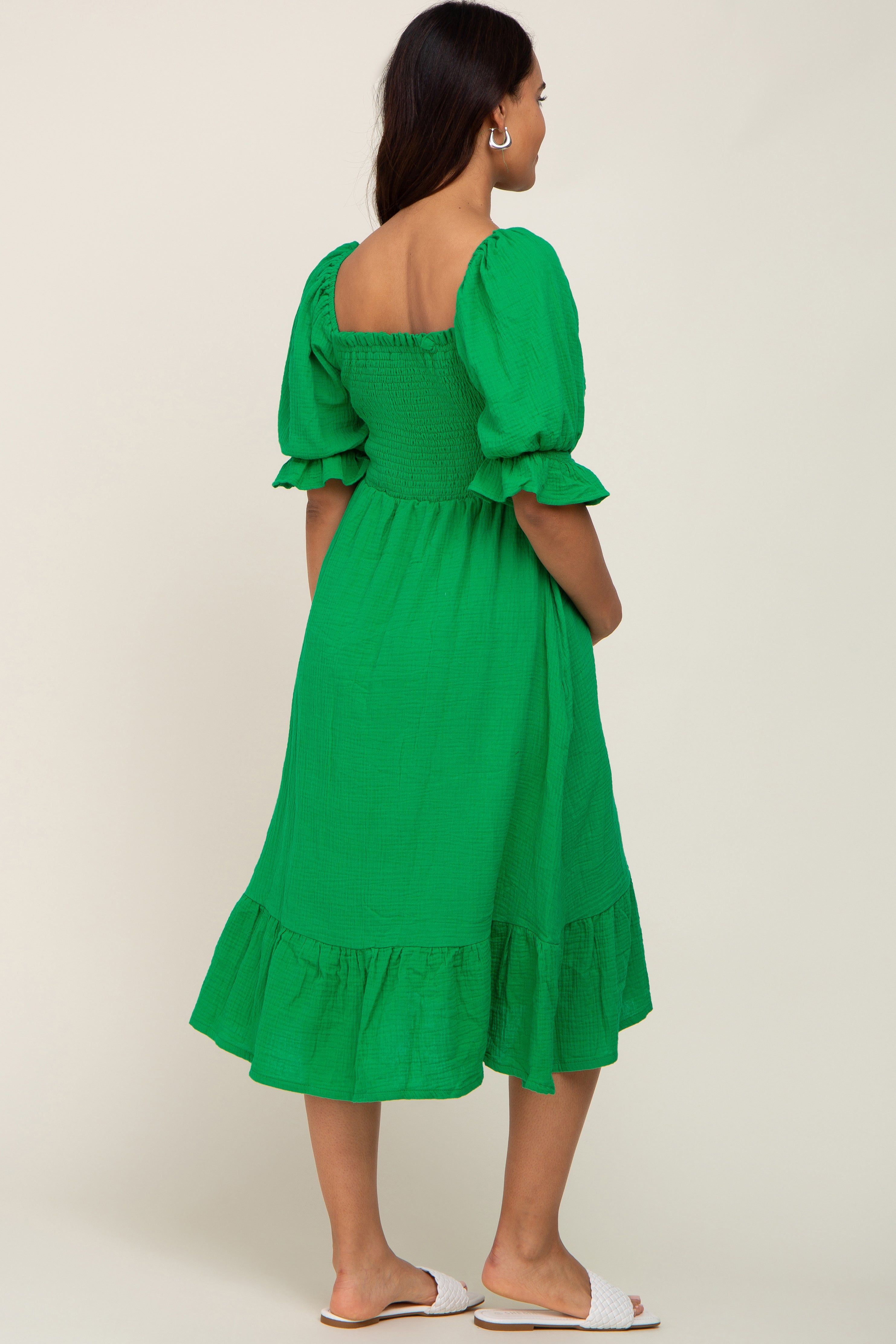 Green Smocked Puff Sleeve Ruffe Hem Maternity Midi Dress sold by Pinkblush product image thumbnail 3