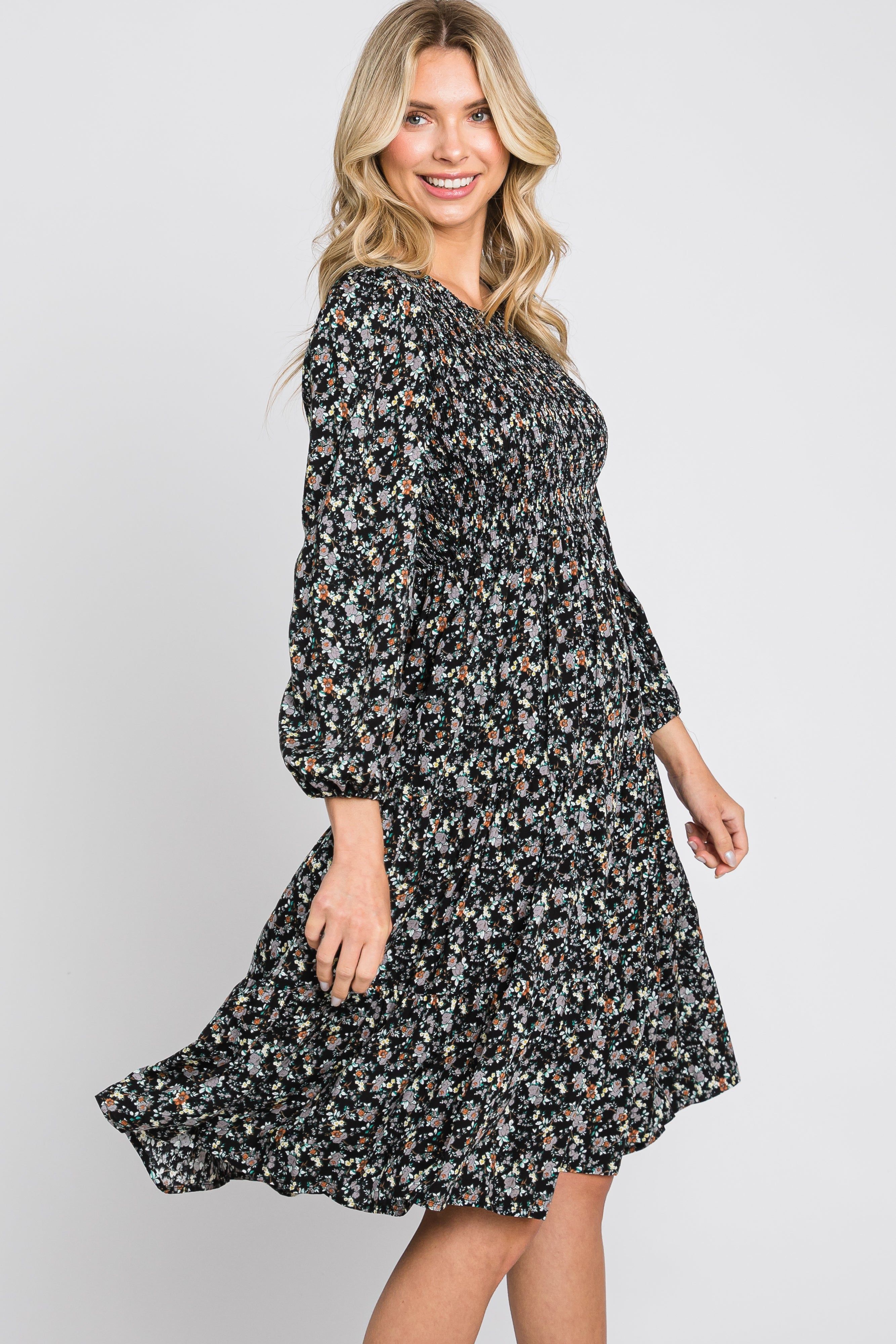 Black Floral Smocked 3/4 Sleeve Tiered Midi Dress sold by Pinkblush product image thumbnail 2