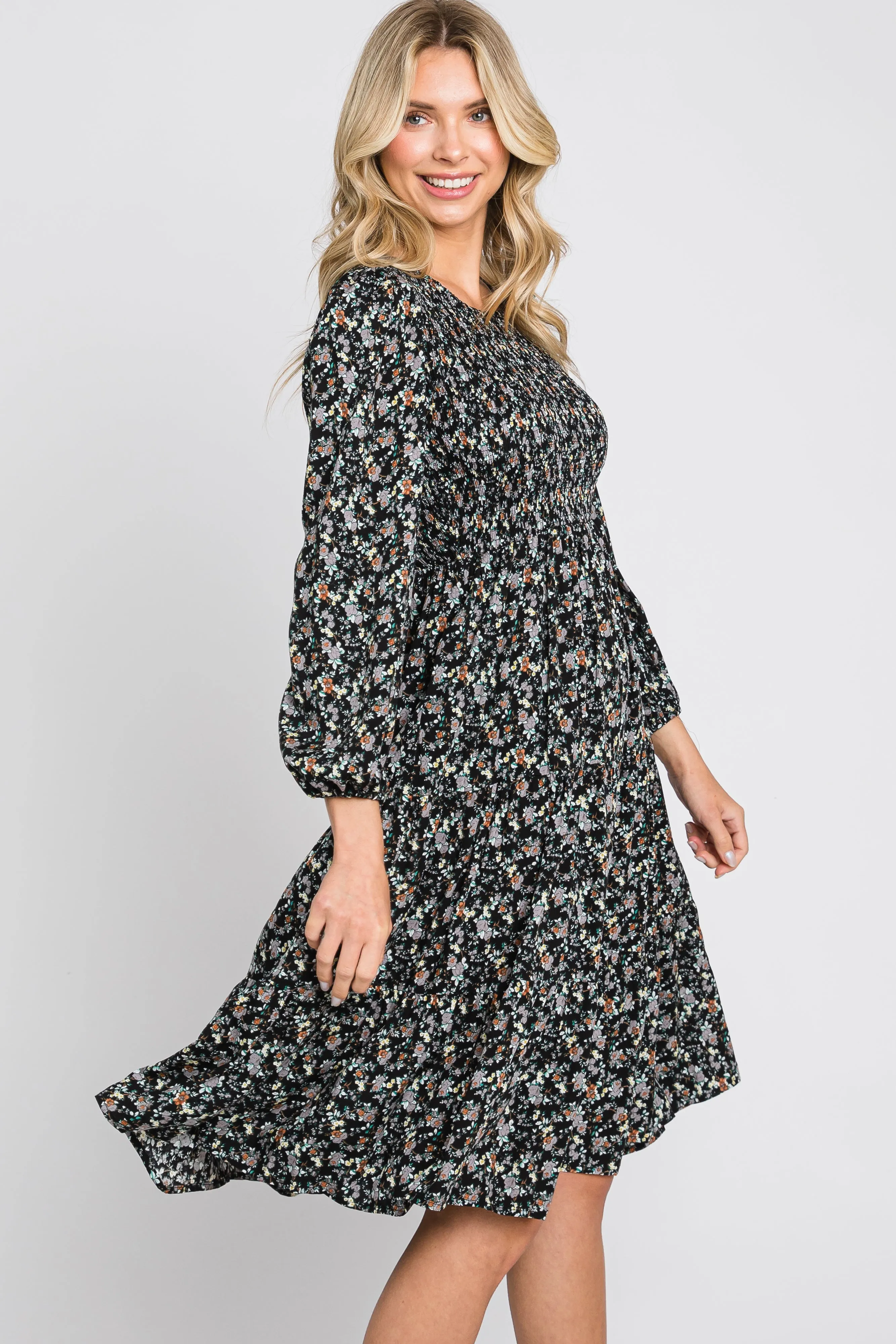 Black Floral Smocked 3/4 Sleeve Tiered Midi Dress sold by Pinkblush product image thumbnail 2