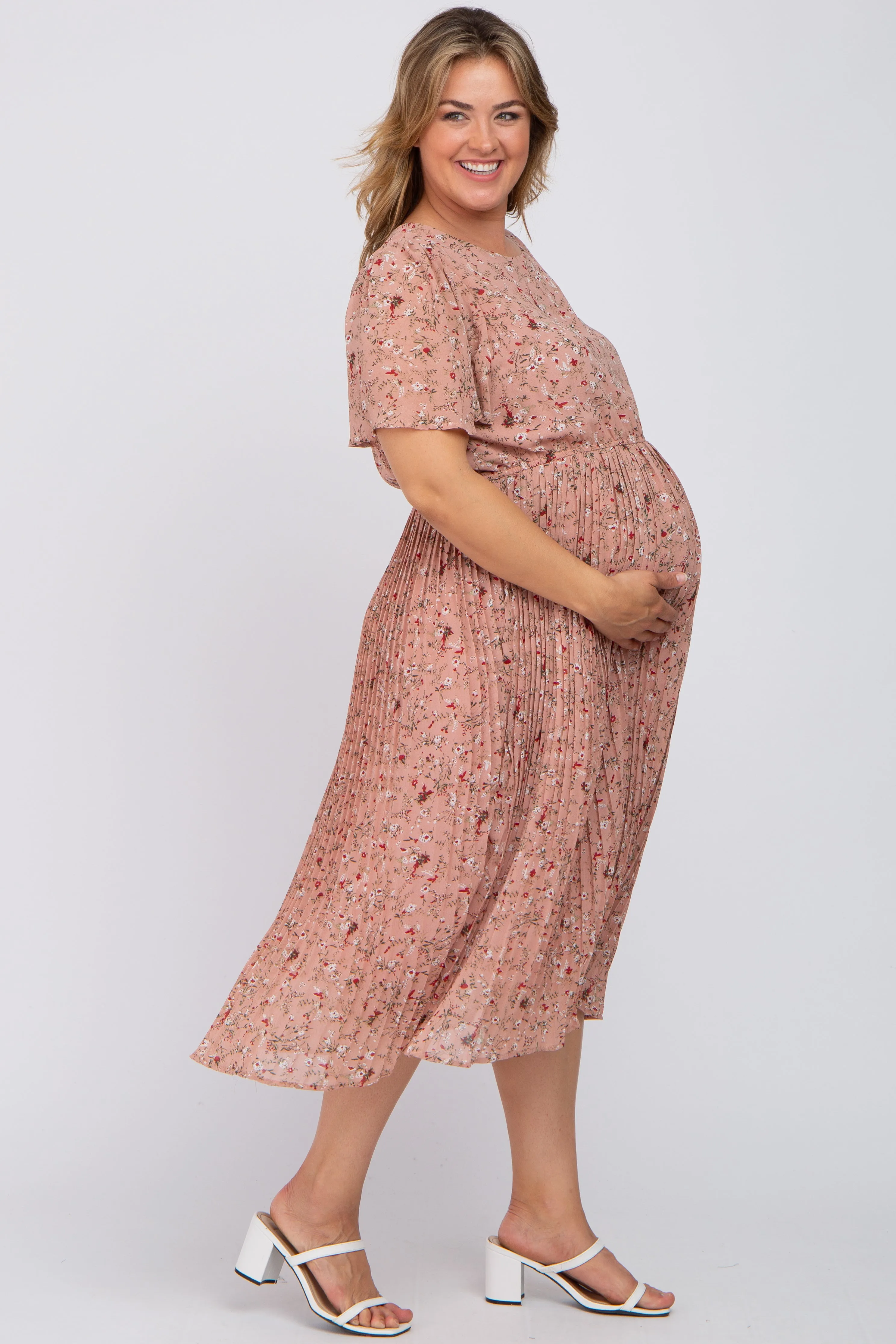 Light Pink Floral Pleated Chiffon Maternity Plus Midi Dress sold by Pinkblush product image thumbnail 2