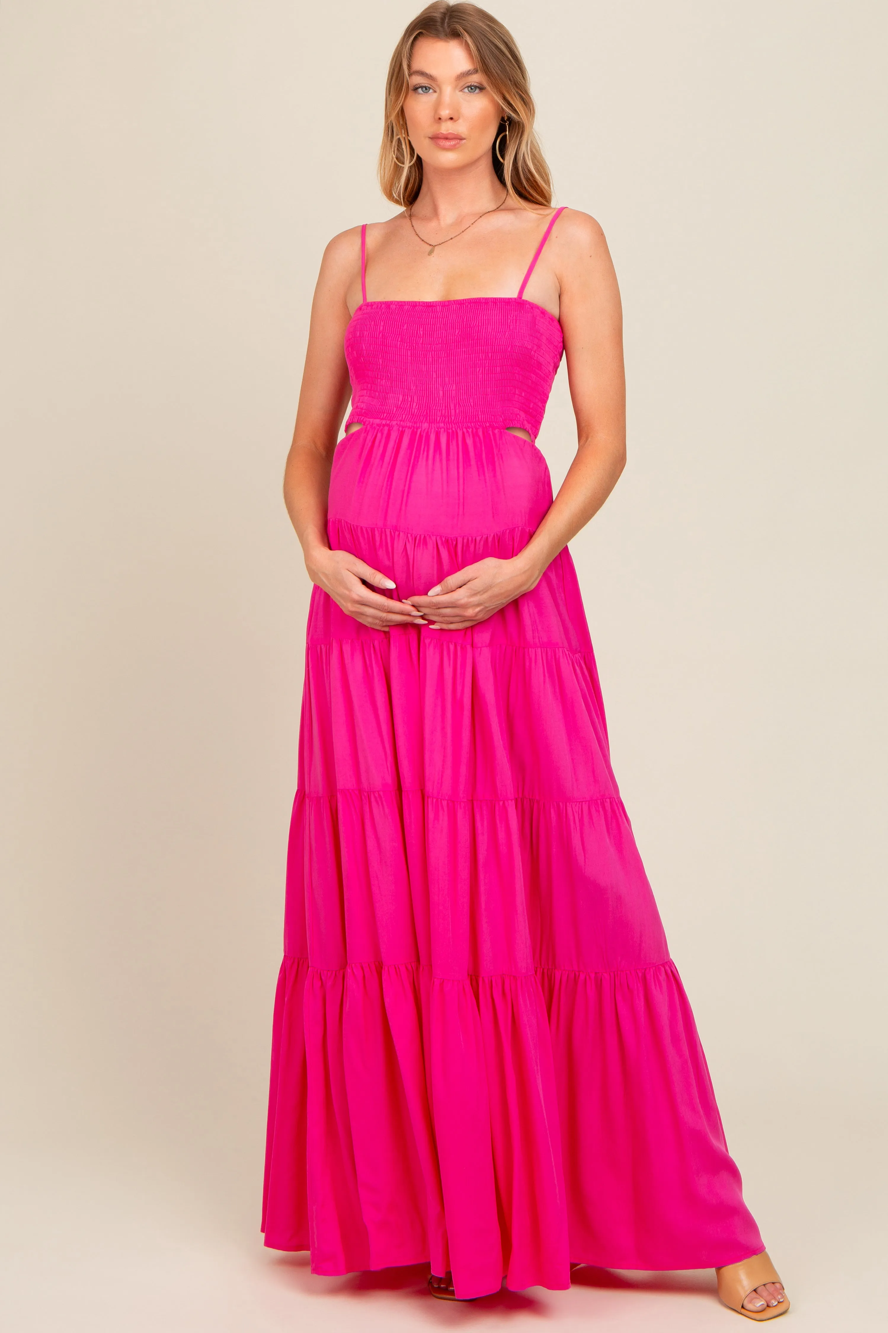 Pink Smocked Cutout Maternity Maxi Dress sold by Pinkblush