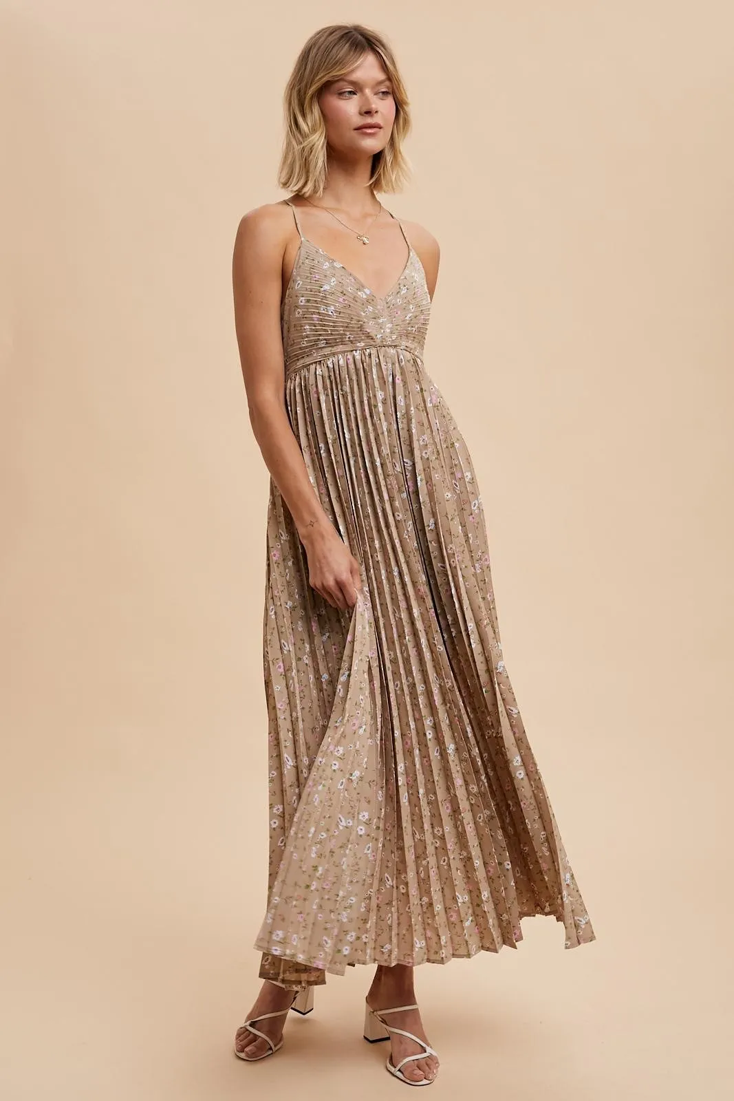 Mocha Floral Pleated Back Cutout Maxi Dress sold by Pinkblush product image thumbnail 2