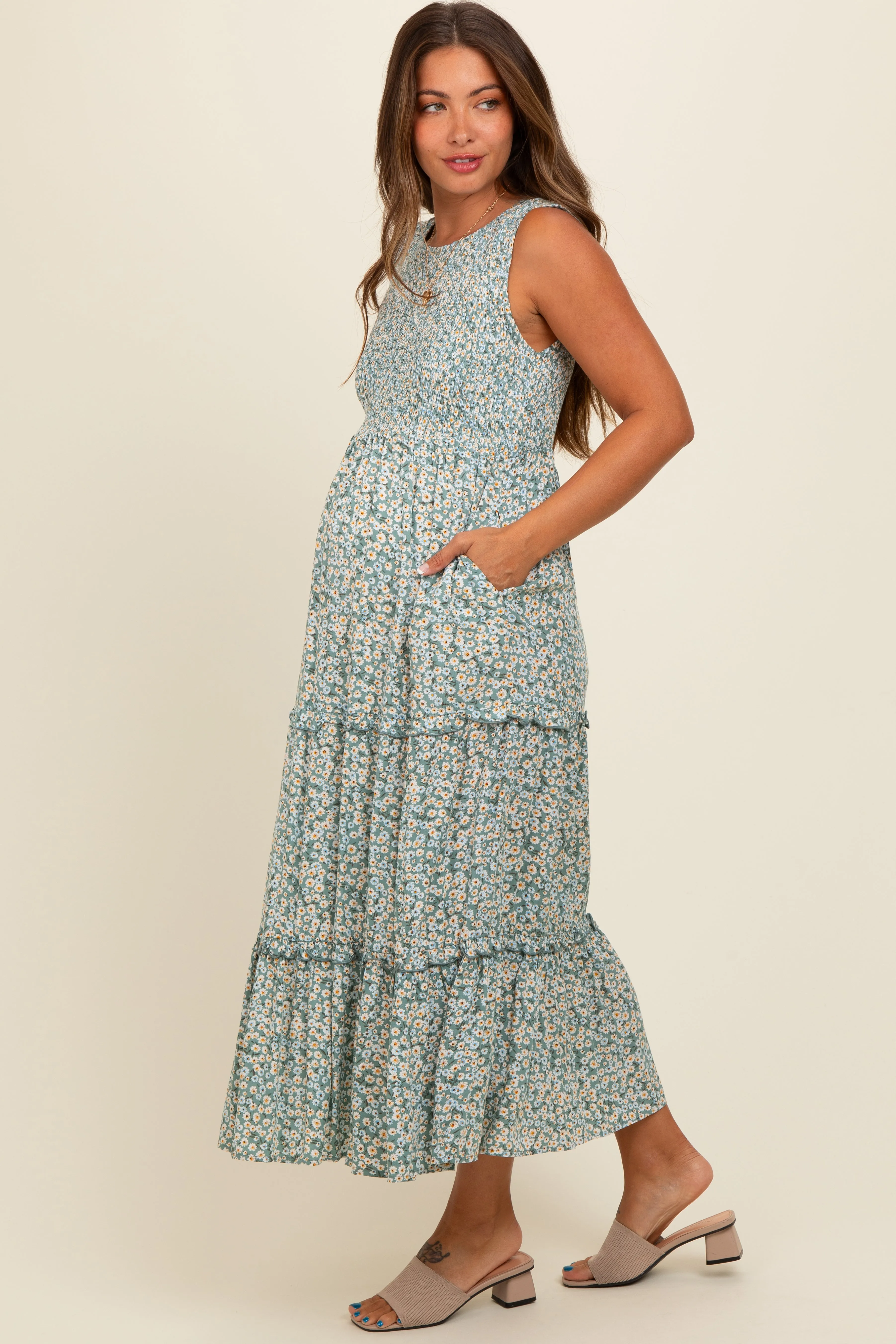 Light Olive Floral Sleeveless Ruffle Tiered Maternity Maxi Dress sold by Pinkblush product image thumbnail 3