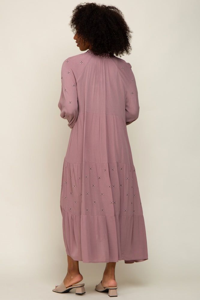 Mauve Ruffle Mock Neck Embroidered Tiered Midi Dress sold by Pinkblush product image thumbnail 3