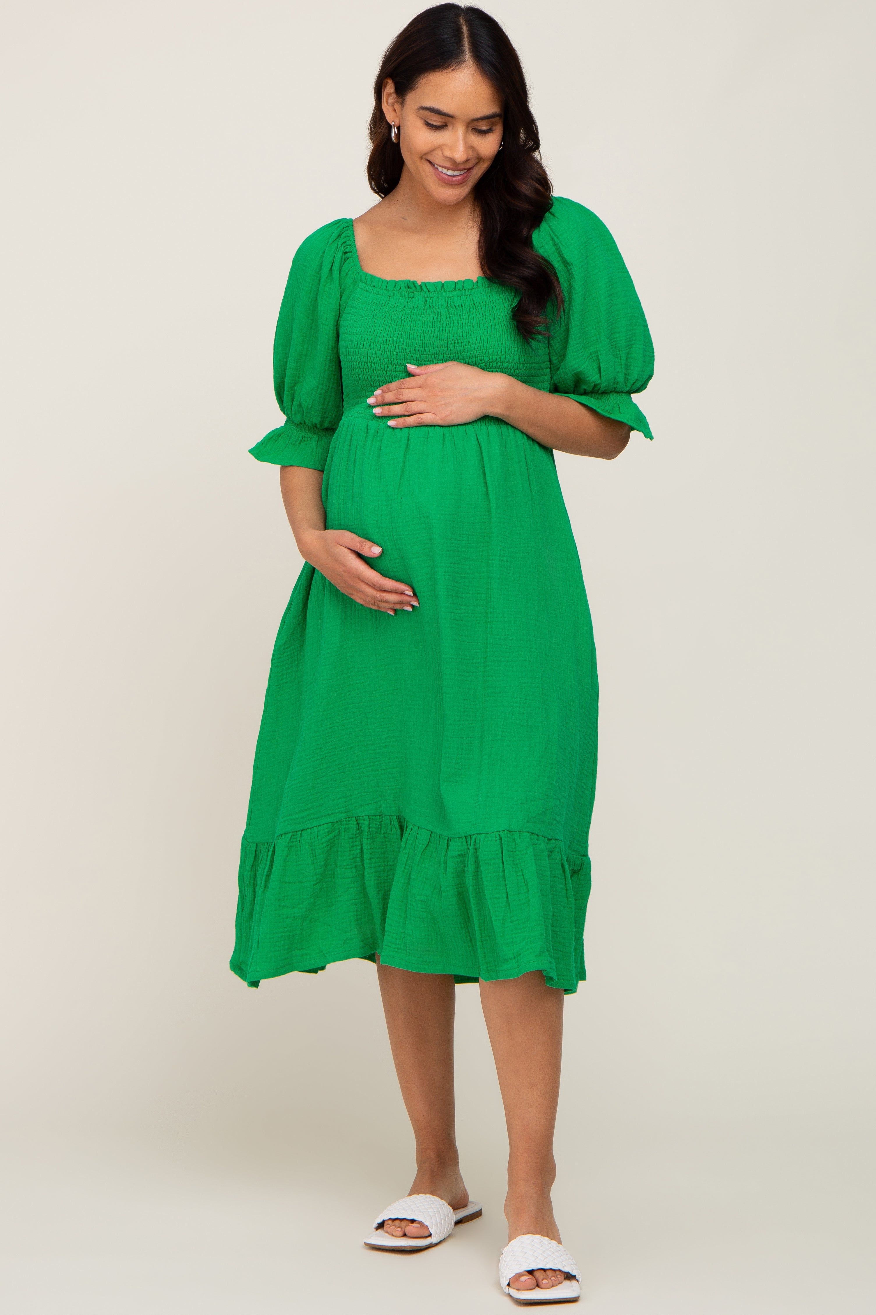 Green Smocked Puff Sleeve Ruffe Hem Maternity Midi Dress sold by Pinkblush product image thumbnail 4