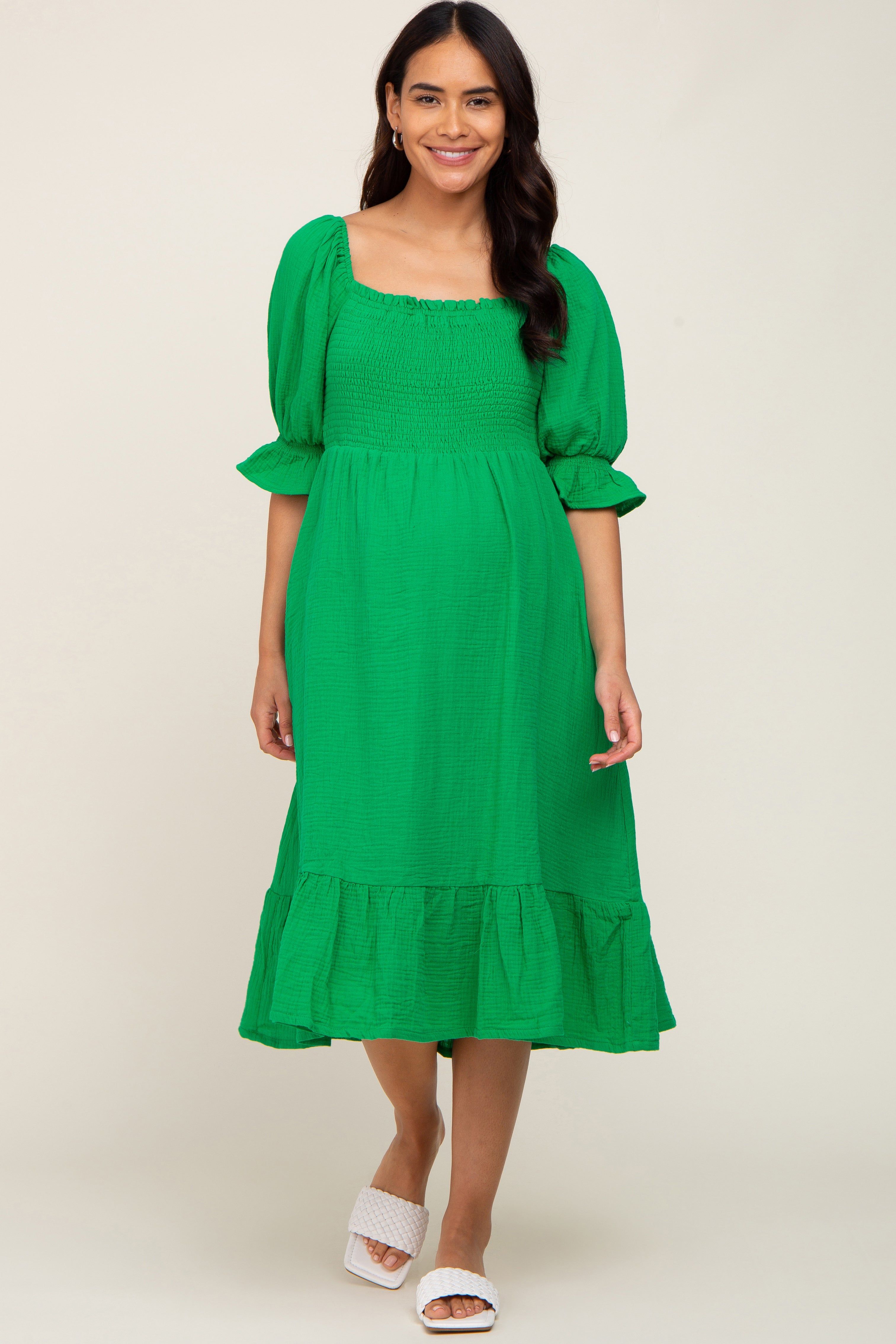 Green Smocked Puff Sleeve Ruffe Hem Maternity Midi Dress sold by Pinkblush