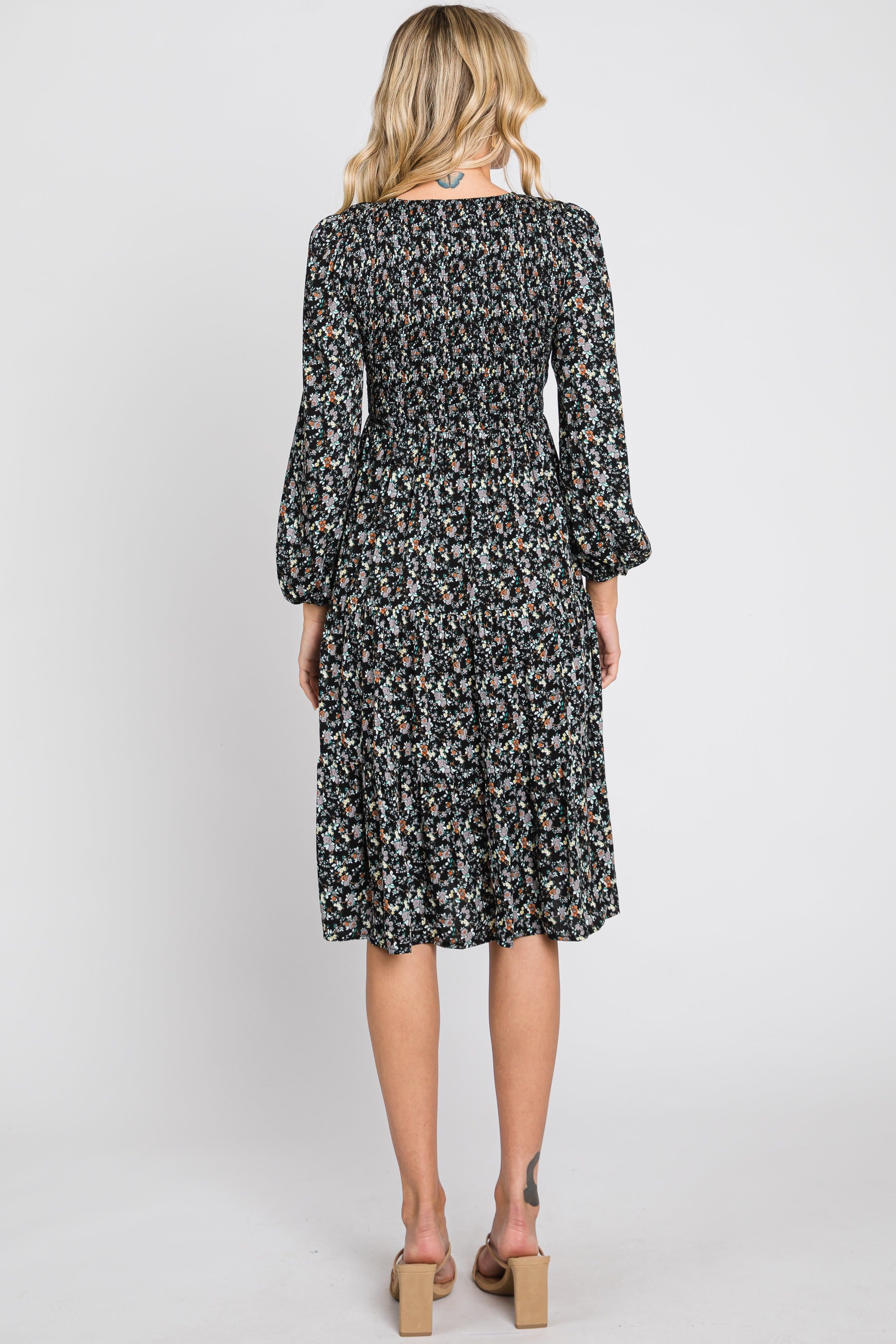 Black Floral Smocked 3/4 Sleeve Tiered Midi Dress sold by Pinkblush product image thumbnail 3