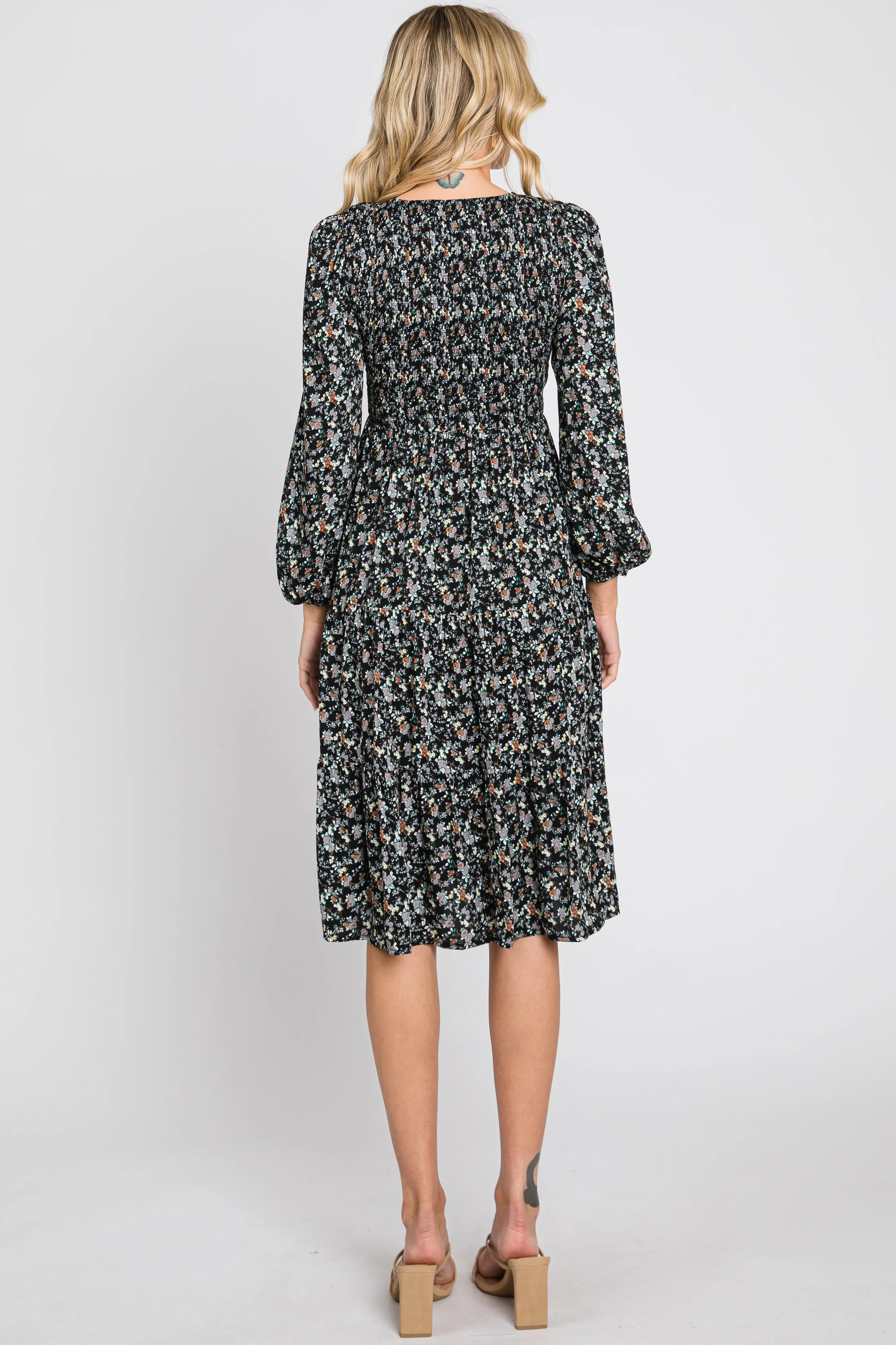 Black Floral Smocked 3/4 Sleeve Tiered Midi Dress sold by Pinkblush product image thumbnail 3