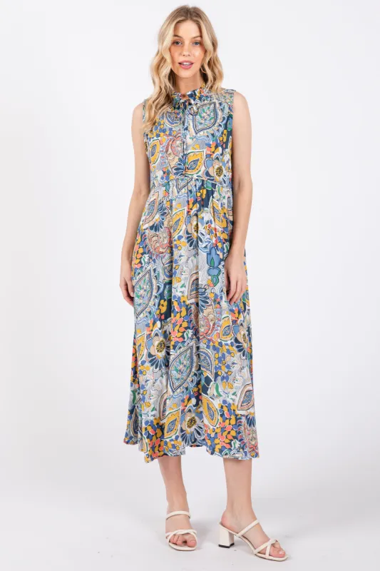 Navy Blue Floral Paisley Mock Neck Midi Dress sold by Pinkblush