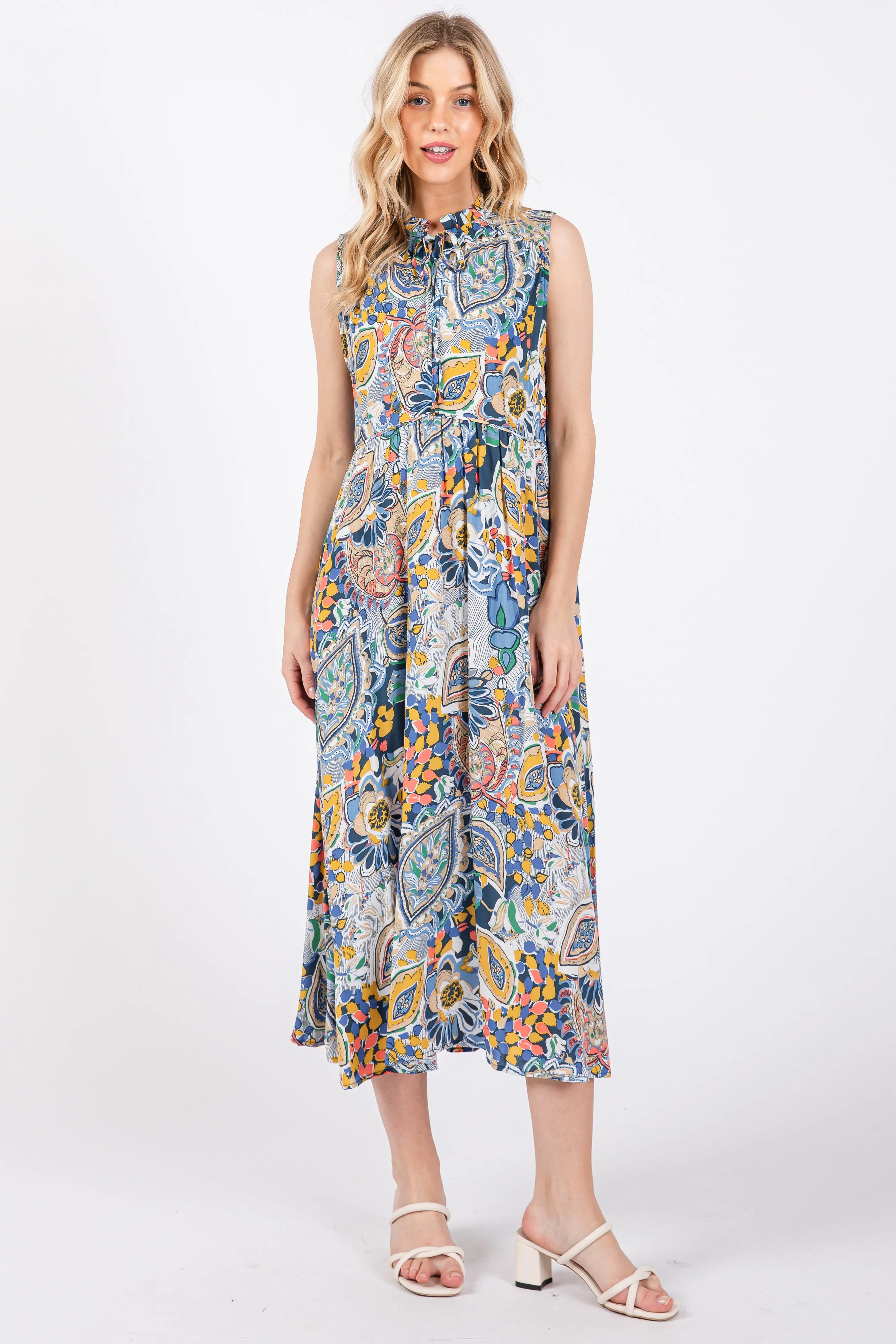 Navy Blue Floral Paisley Mock Neck Midi Dress sold by Pinkblush