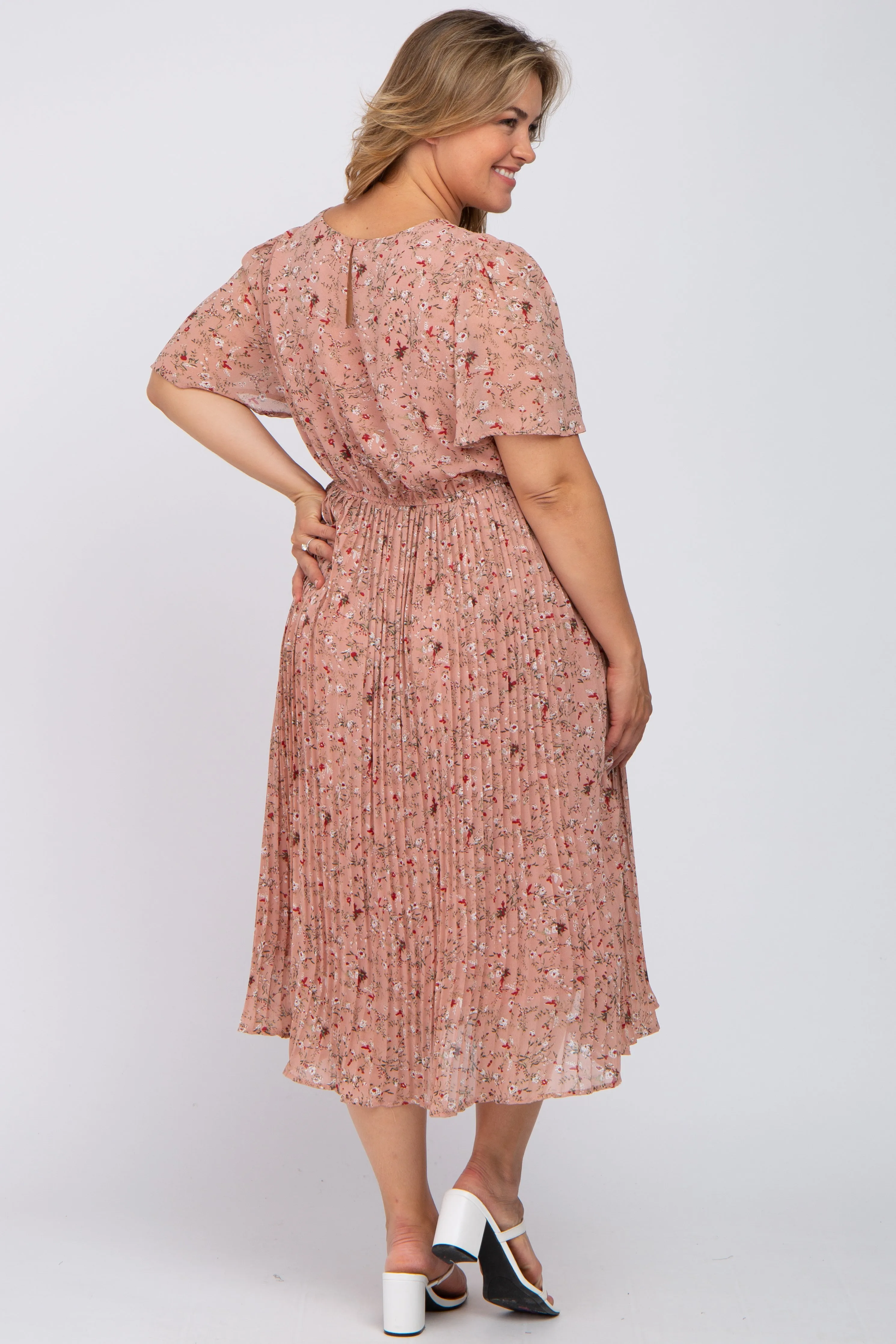 Light Pink Floral Pleated Chiffon Maternity Plus Midi Dress sold by Pinkblush product image thumbnail 3