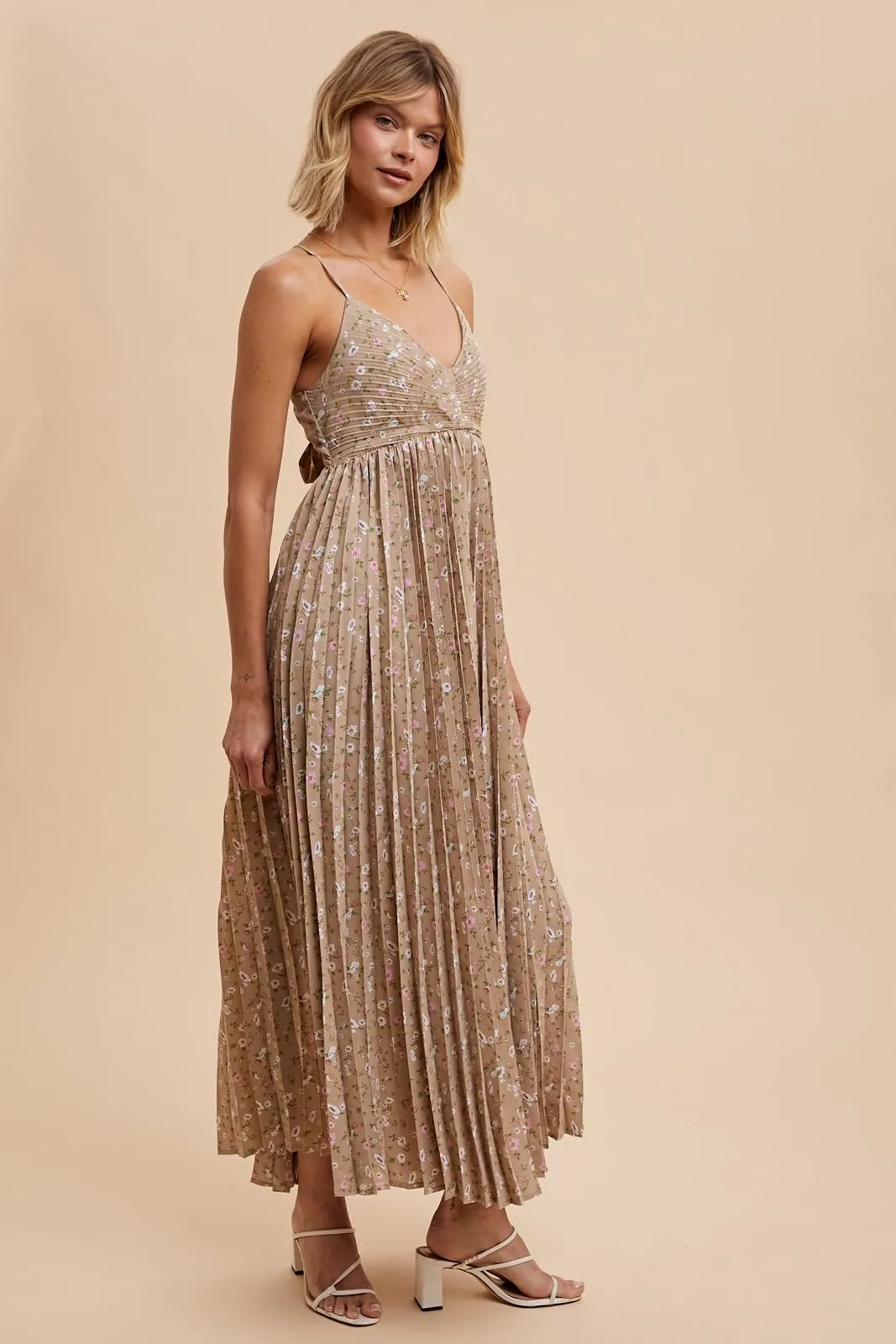 Mocha Floral Pleated Back Cutout Maxi Dress sold by Pinkblush product image thumbnail 3