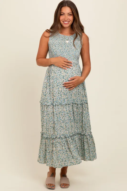 Light Olive Floral Sleeveless Ruffle Tiered Maternity Maxi Dress sold by Pinkblush