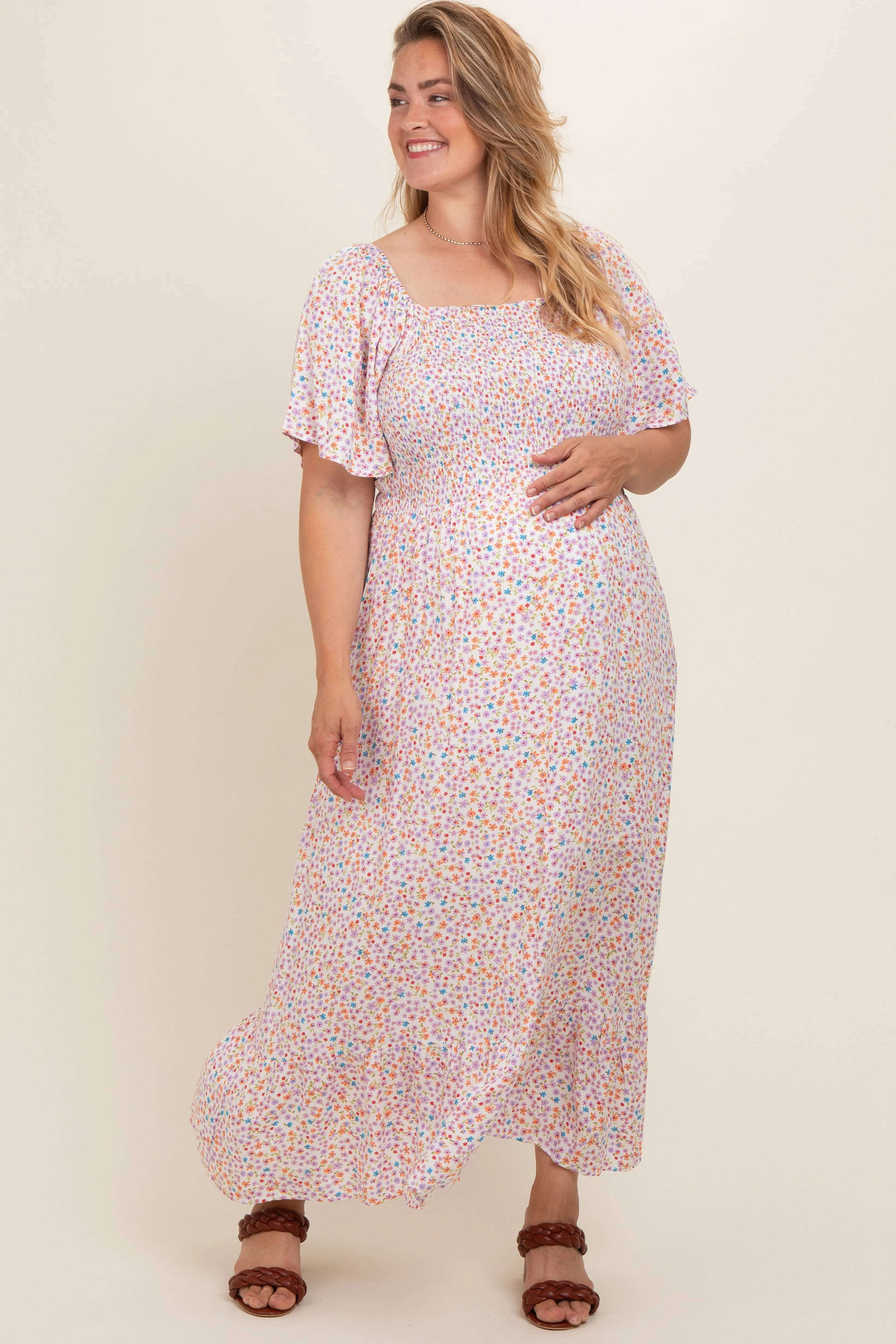 Ivory Floral Smocked Plus Maternity Maxi Dress sold by Pinkblush