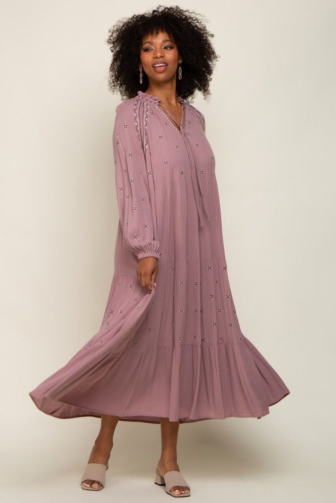 Mauve Ruffle Mock Neck Embroidered Tiered Midi Dress sold by Pinkblush product image thumbnail 4