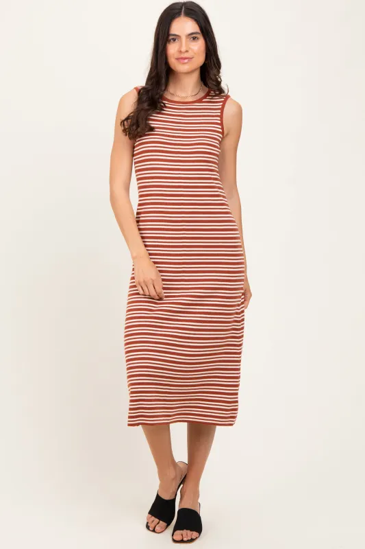 Rust Striped Knit Sleeveless Midi Dress sold by Pinkblush