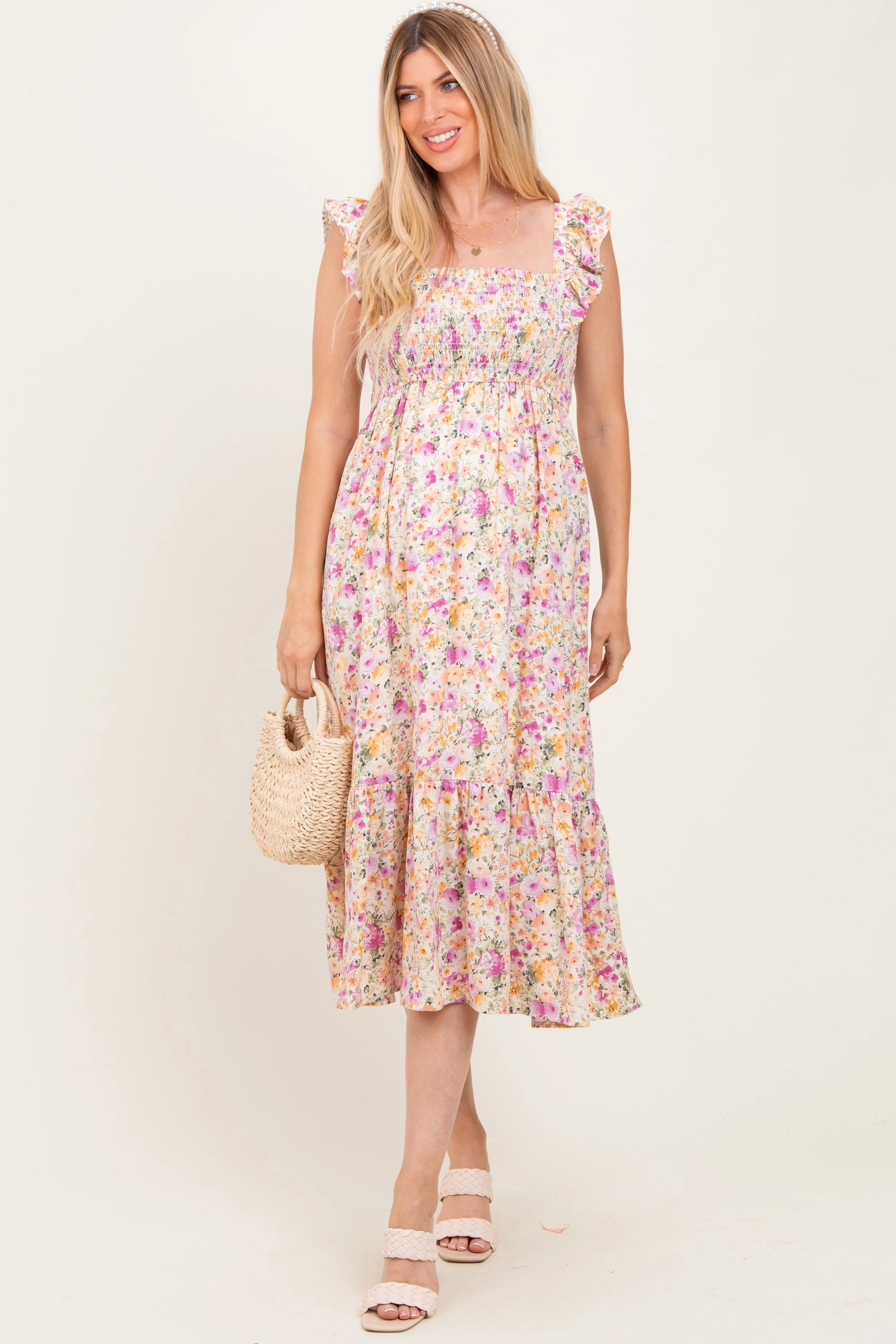 Multi Color Floral Flutter Sleeve Smocked Maternity Midi Dress sold by Pinkblush product image thumbnail 2