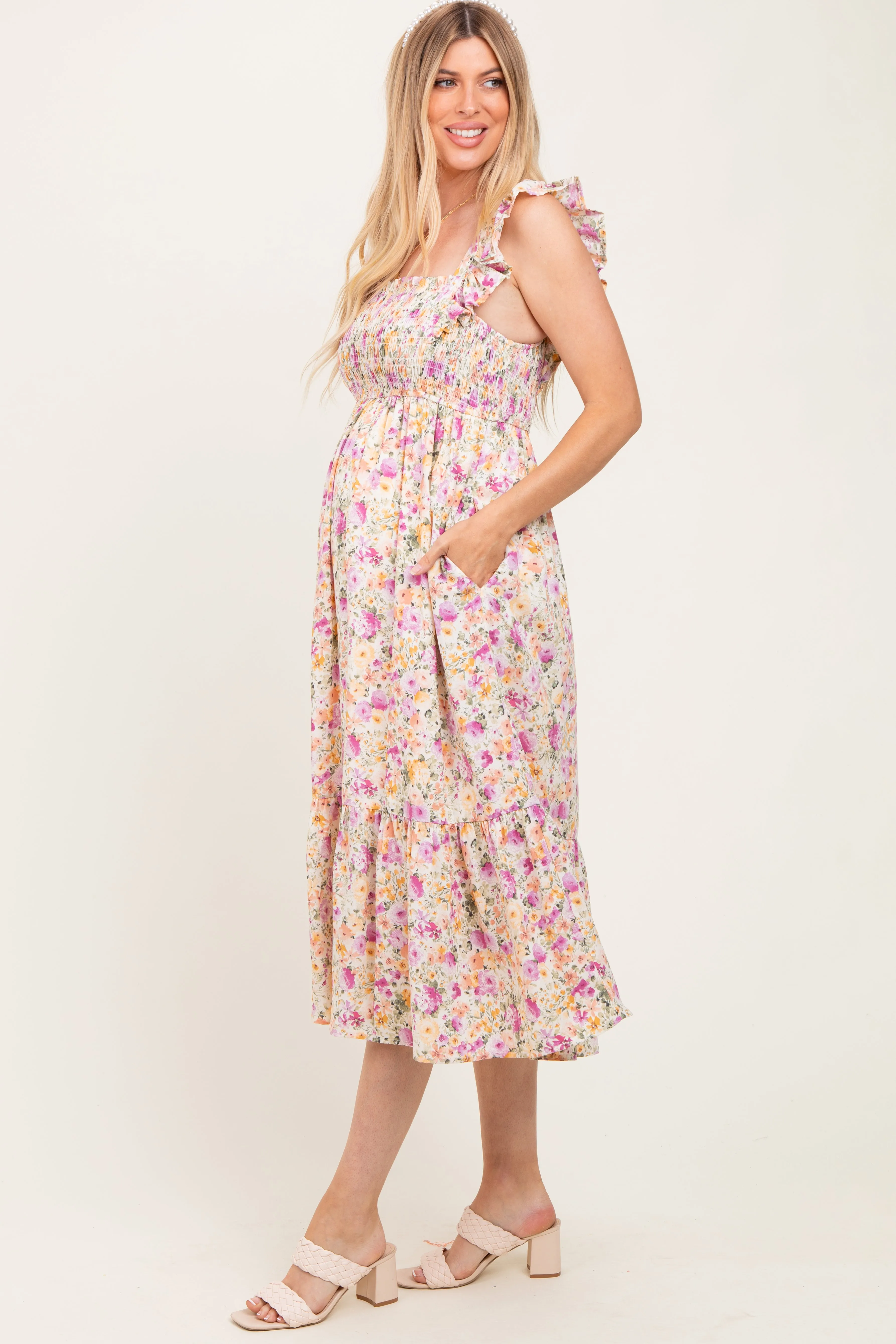Multi Color Floral Flutter Sleeve Smocked Maternity Midi Dress sold by Pinkblush product image thumbnail 3