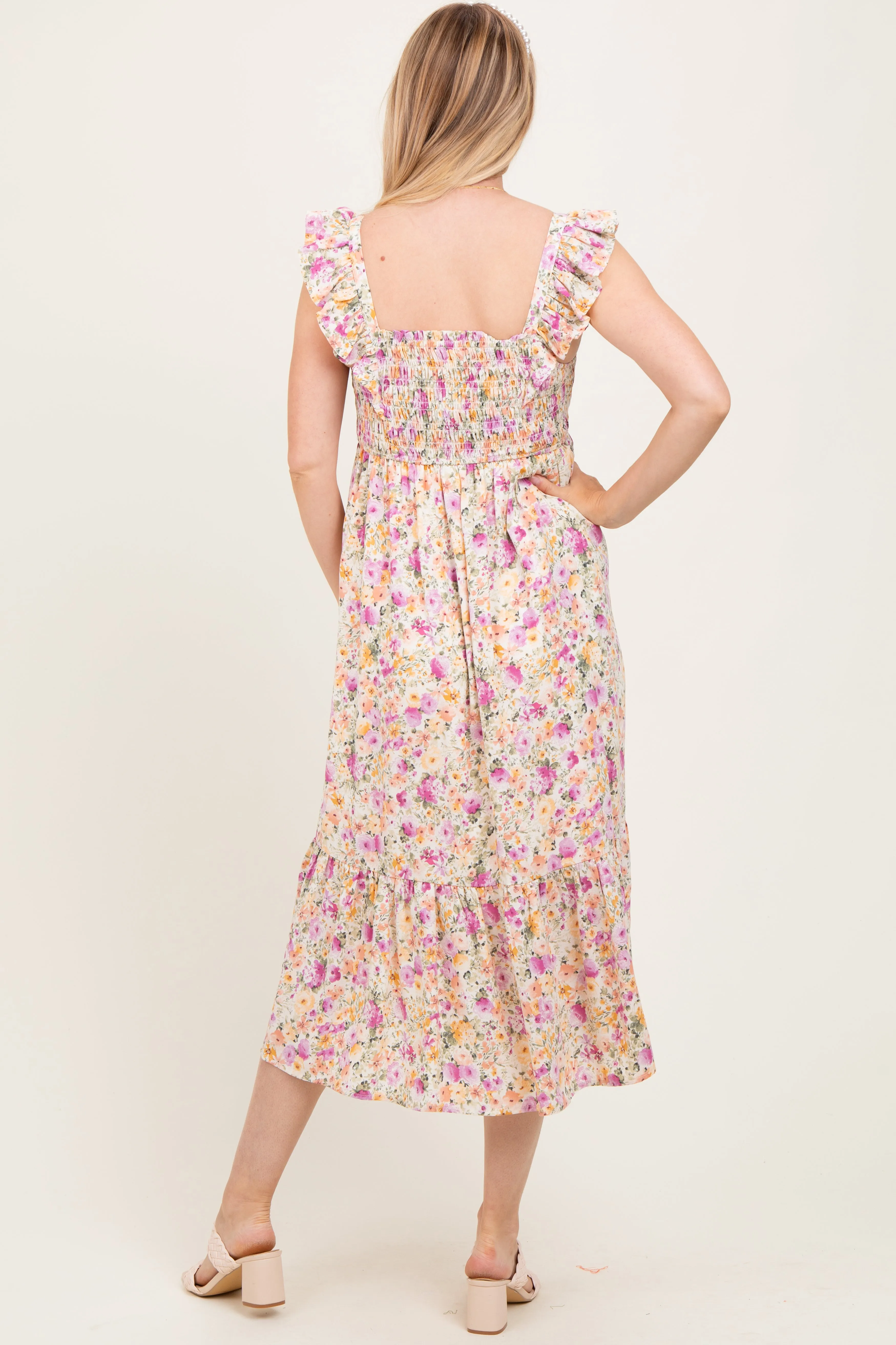 Multi Color Floral Flutter Sleeve Smocked Maternity Midi Dress sold by Pinkblush product image thumbnail 4