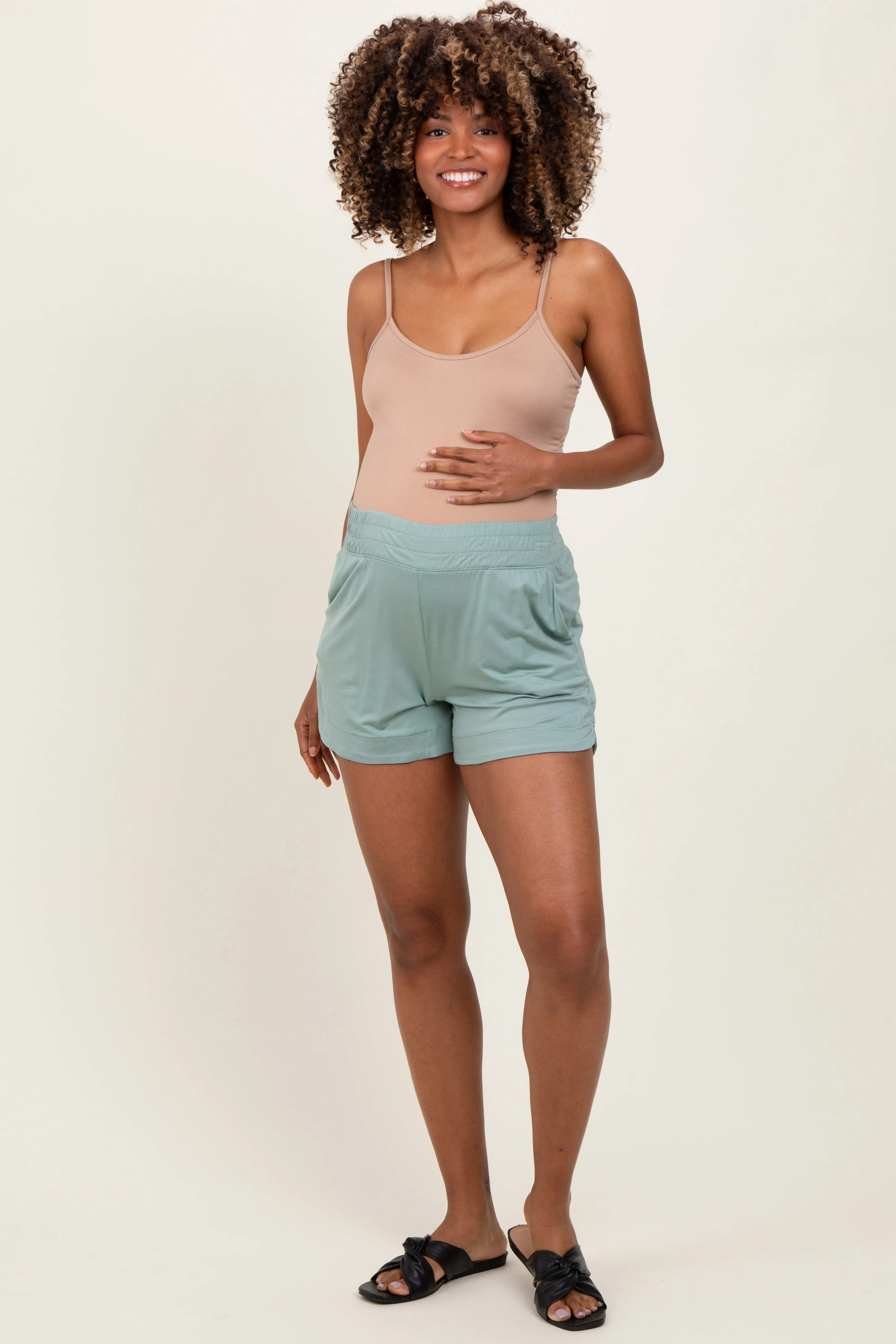 Light Olive Basic Rounded Hem Maternity Shorts sold by Pinkblush product image thumbnail 2
