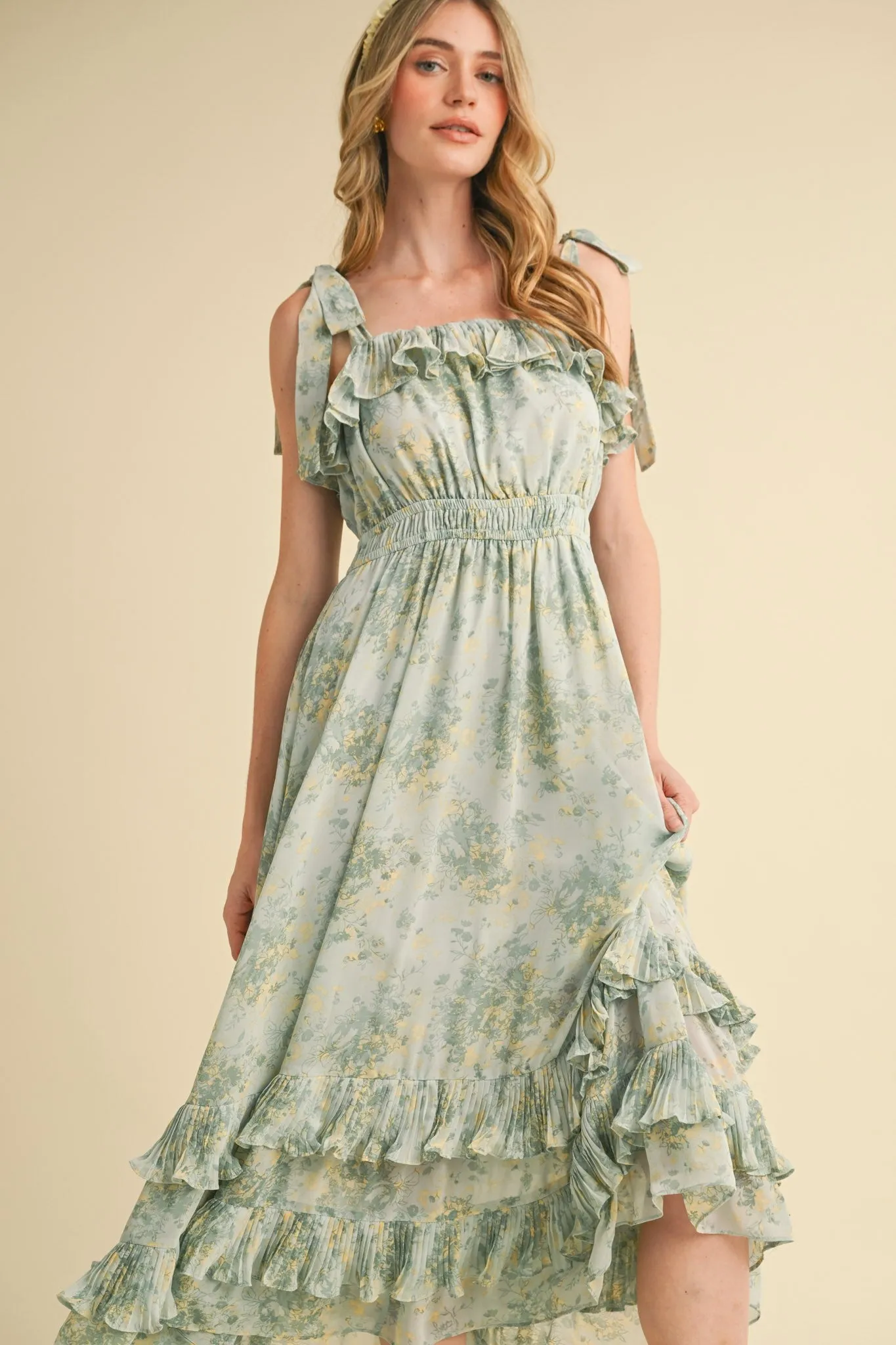 Mint Floral Chiffon Pleated Ruffle Midi Dress sold by Pinkblush product image thumbnail 4