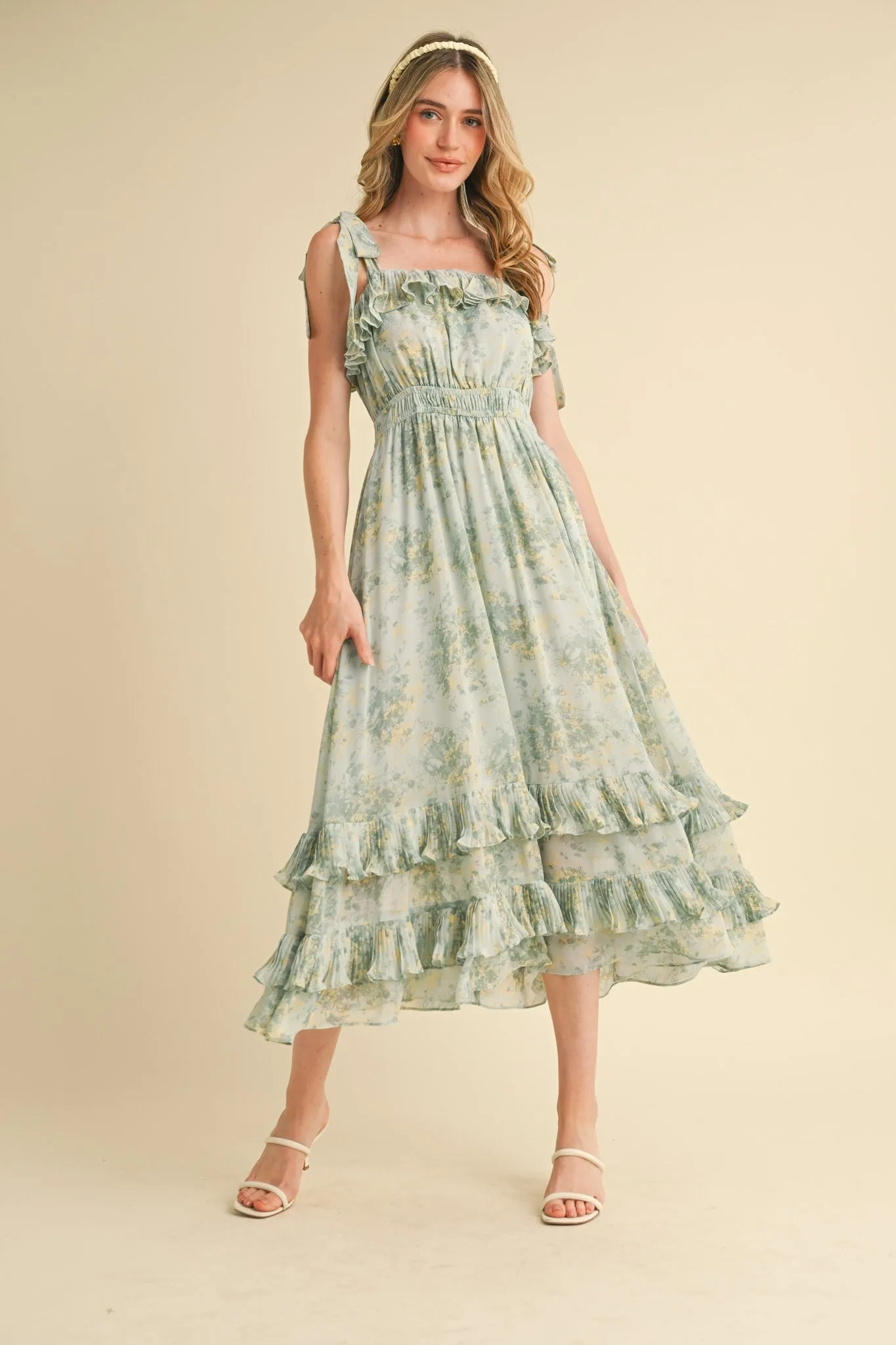 Mint Floral Chiffon Pleated Ruffle Midi Dress sold by Pinkblush