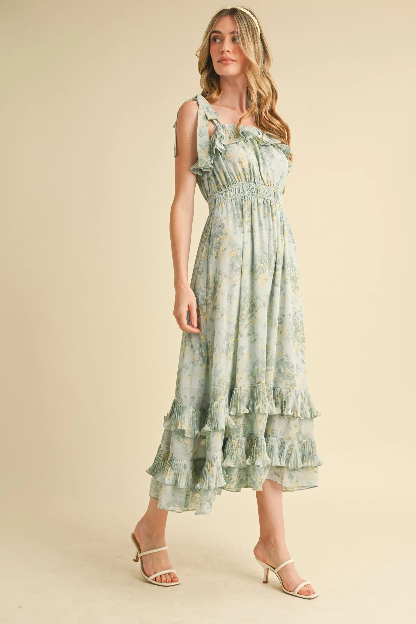 Mint Floral Chiffon Pleated Ruffle Midi Dress sold by Pinkblush product image thumbnail 2