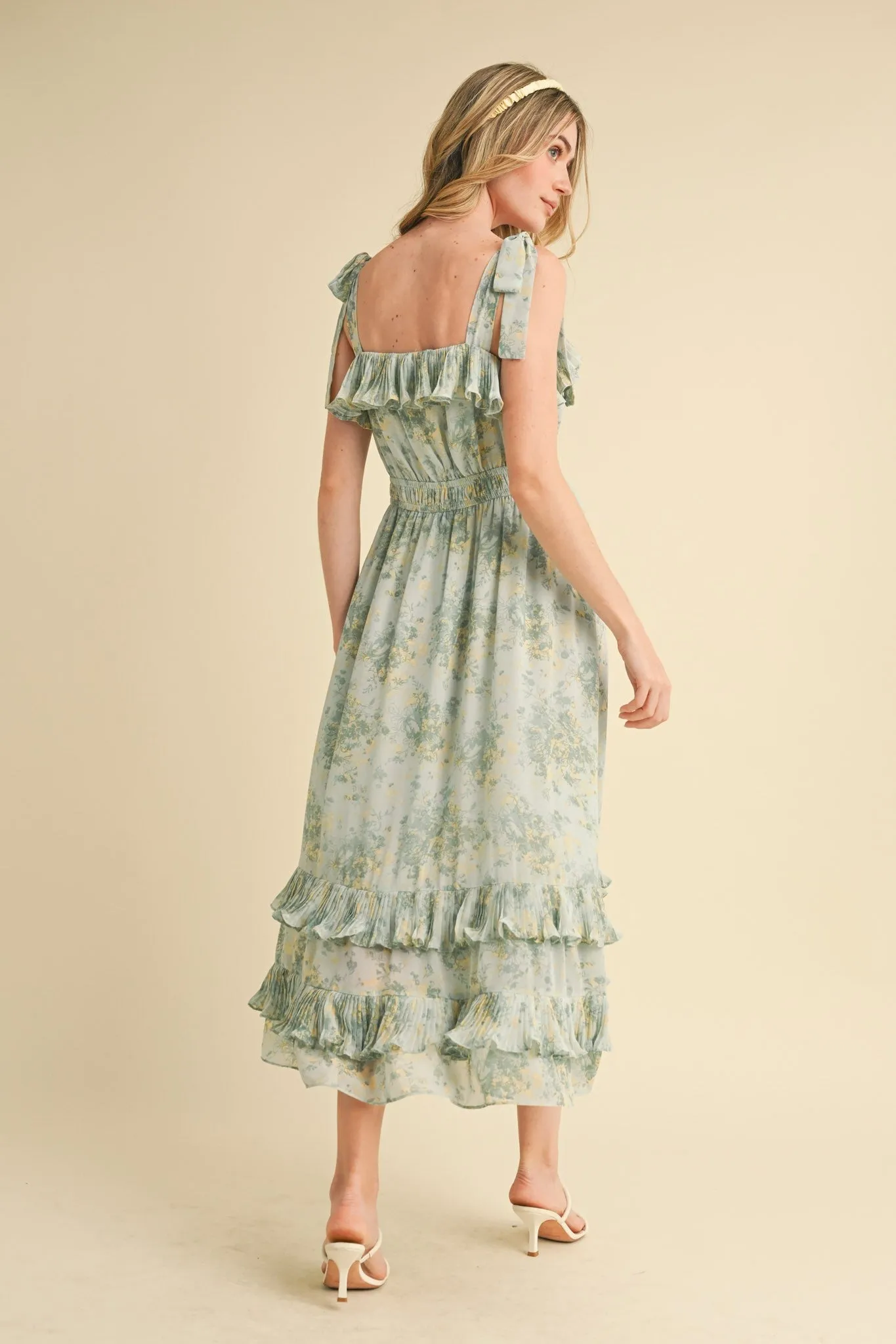 Mint Floral Chiffon Pleated Ruffle Midi Dress sold by Pinkblush product image thumbnail 3