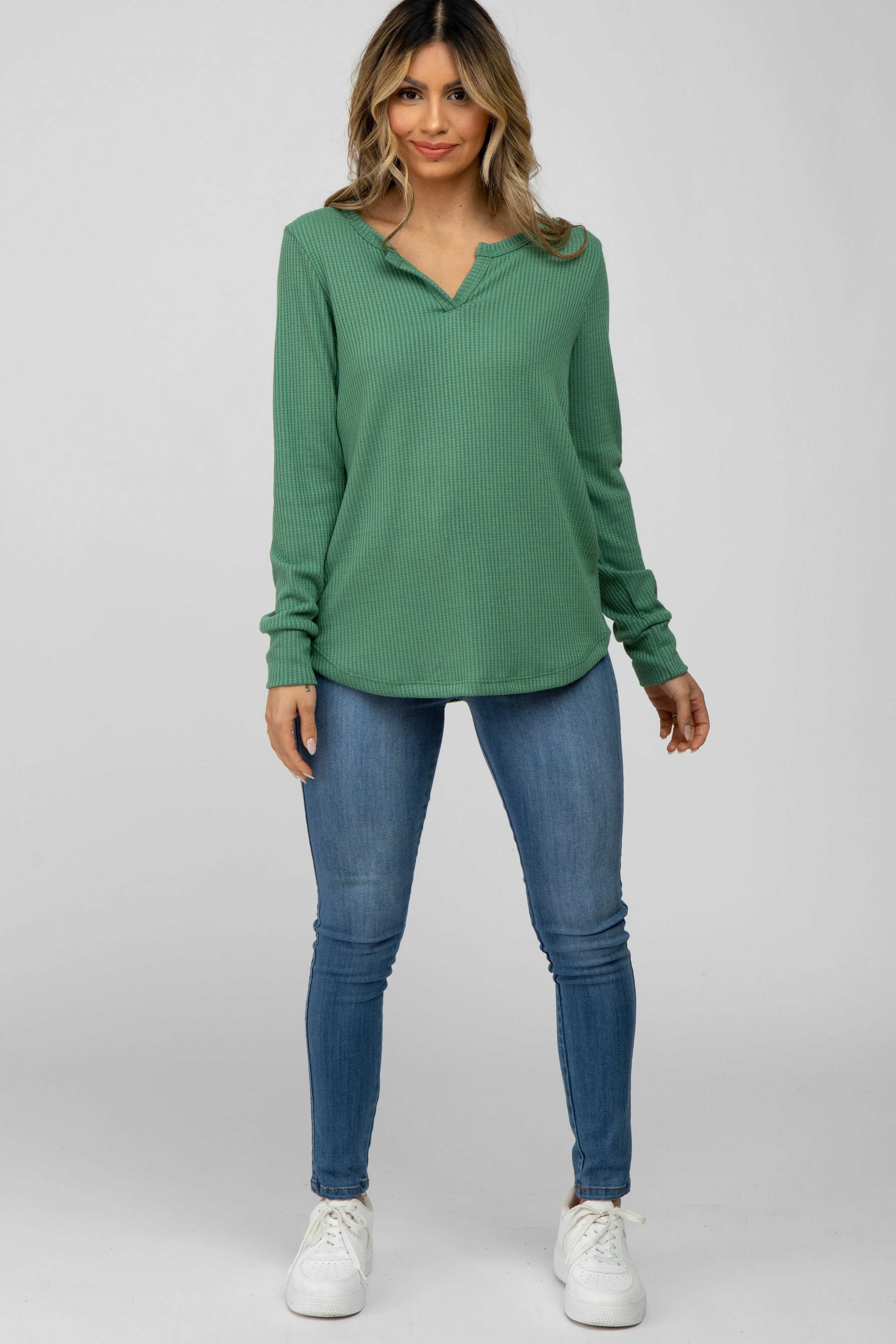Green Waffle Knit Split Neck Long Sleeve Top sold by Pinkblush product image thumbnail 2