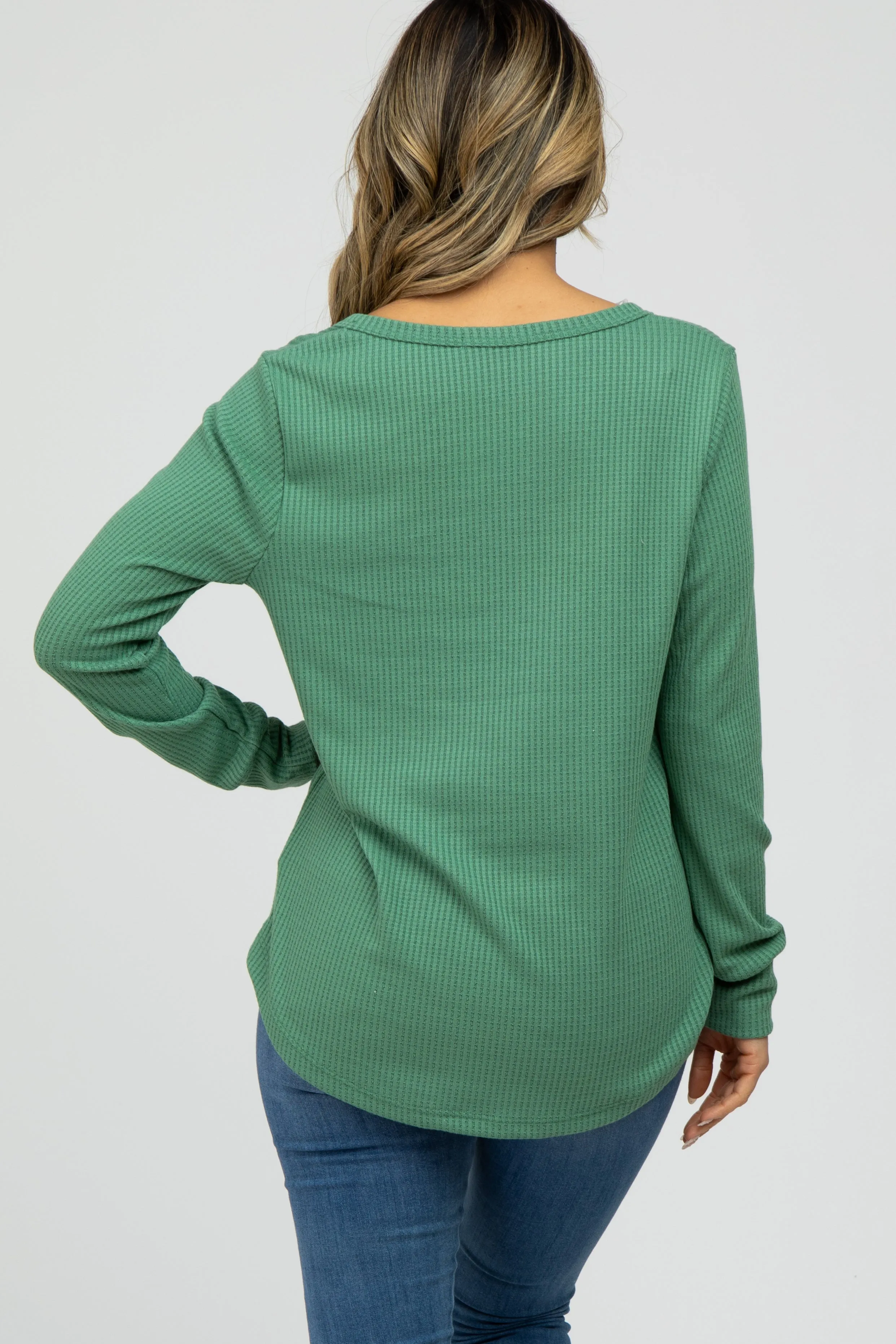 Green Waffle Knit Split Neck Long Sleeve Top sold by Pinkblush product image thumbnail 4