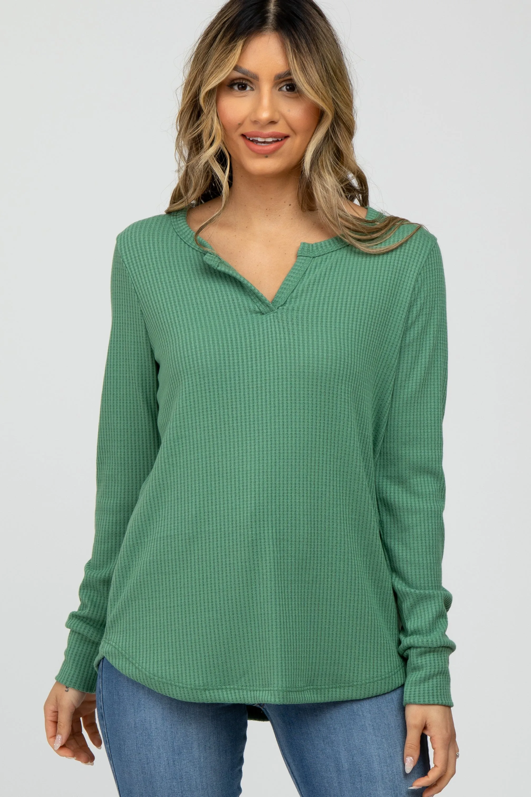 Green Waffle Knit Split Neck Long Sleeve Top sold by Pinkblush