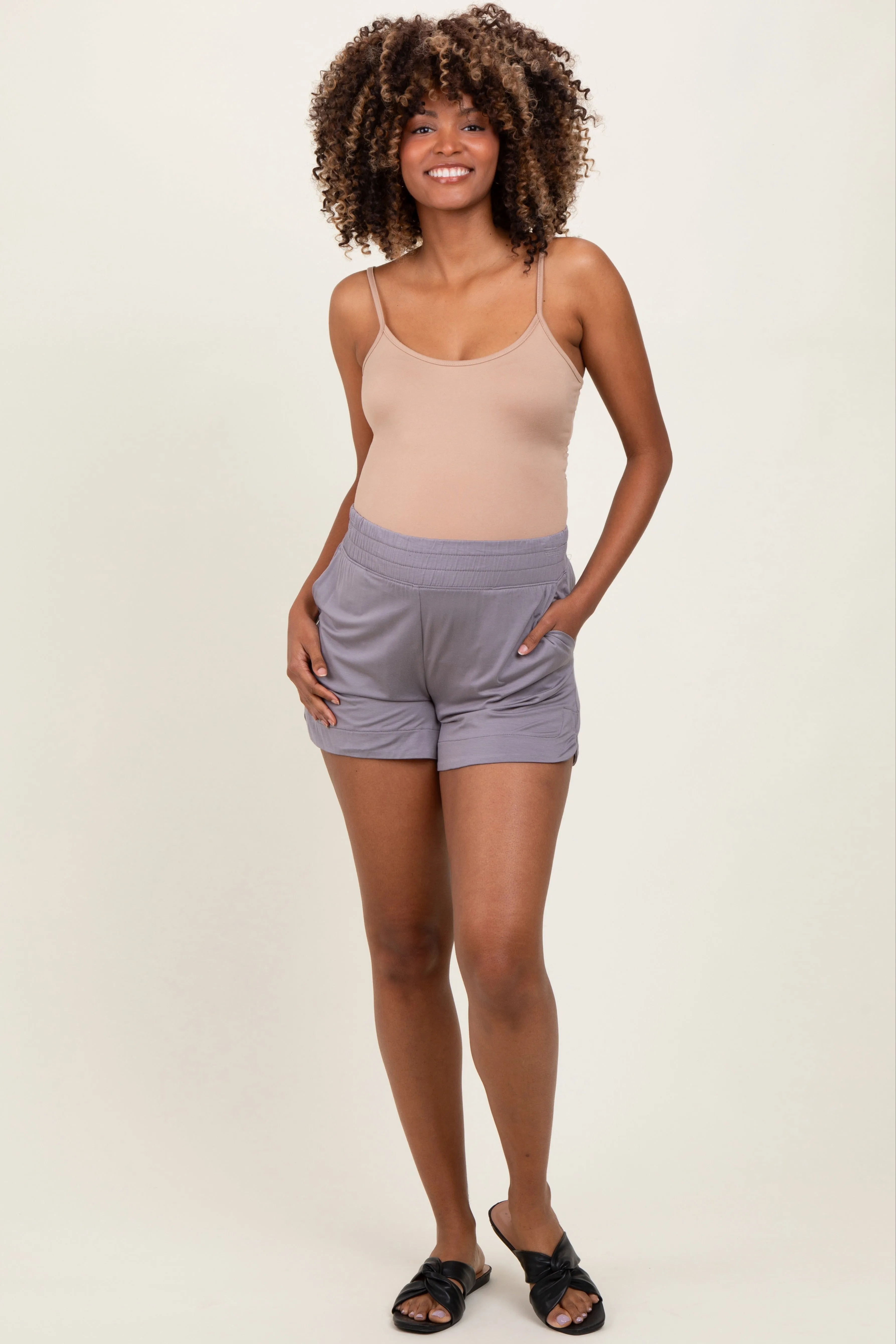 Taupe Basic Rounded Hem Maternity Shorts sold by Pinkblush