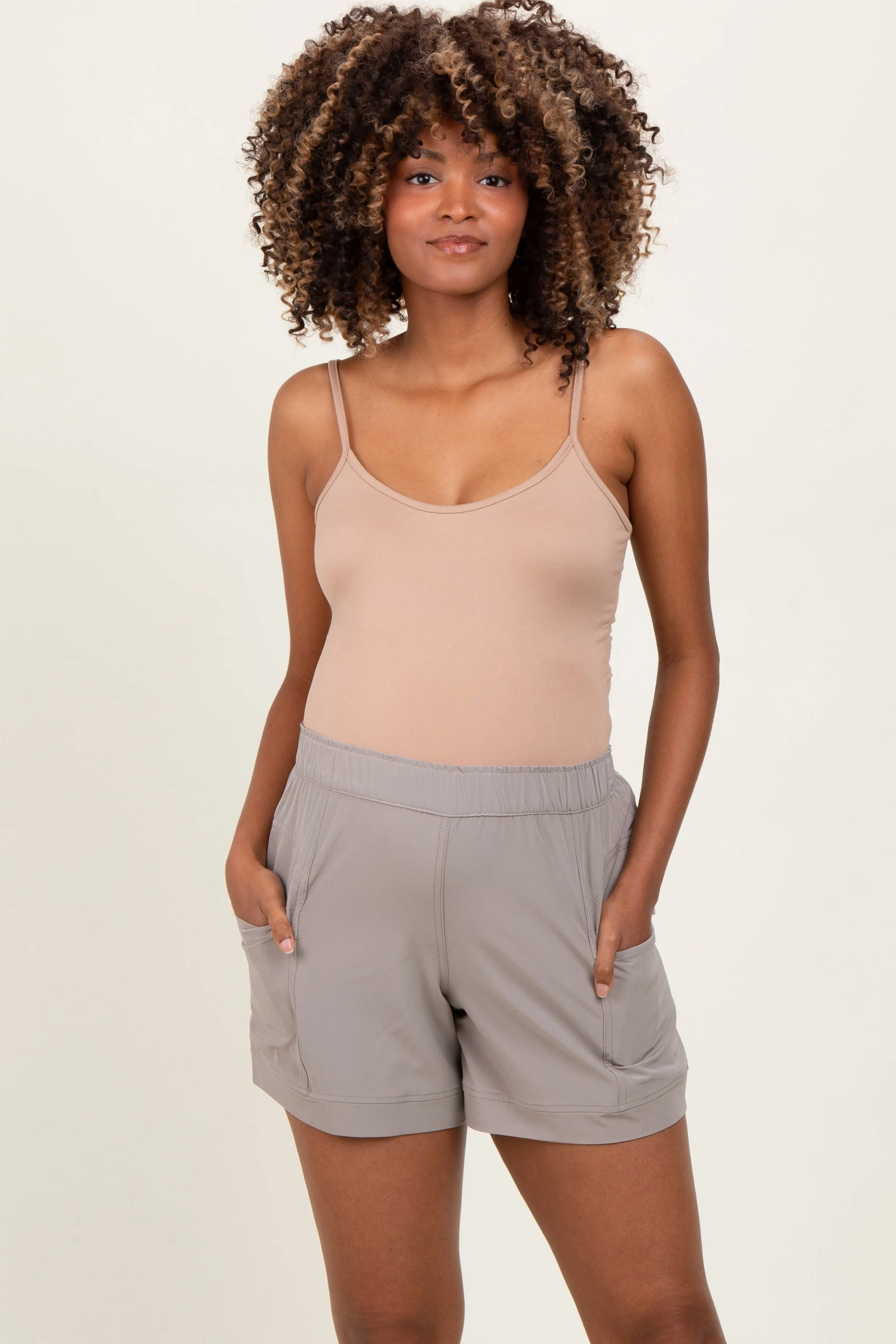 Taupe Elastic Cargo Maternity Shorts sold by Pinkblush