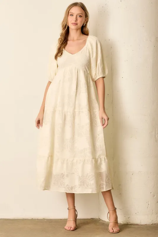 Cream Leaf Textured Tiered Midi Dress sold by Pinkblush