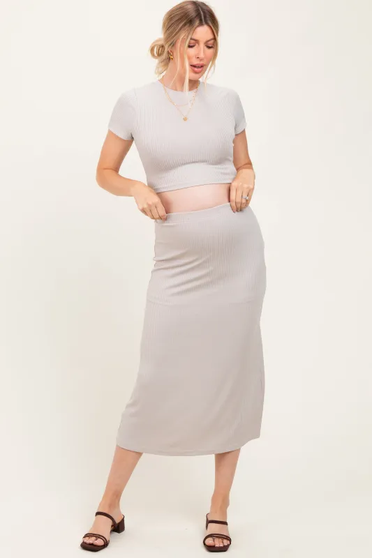 Light Taupe Ribbed Knit Crop Tee Maxi Skirt Maternity Set sold by Pinkblush