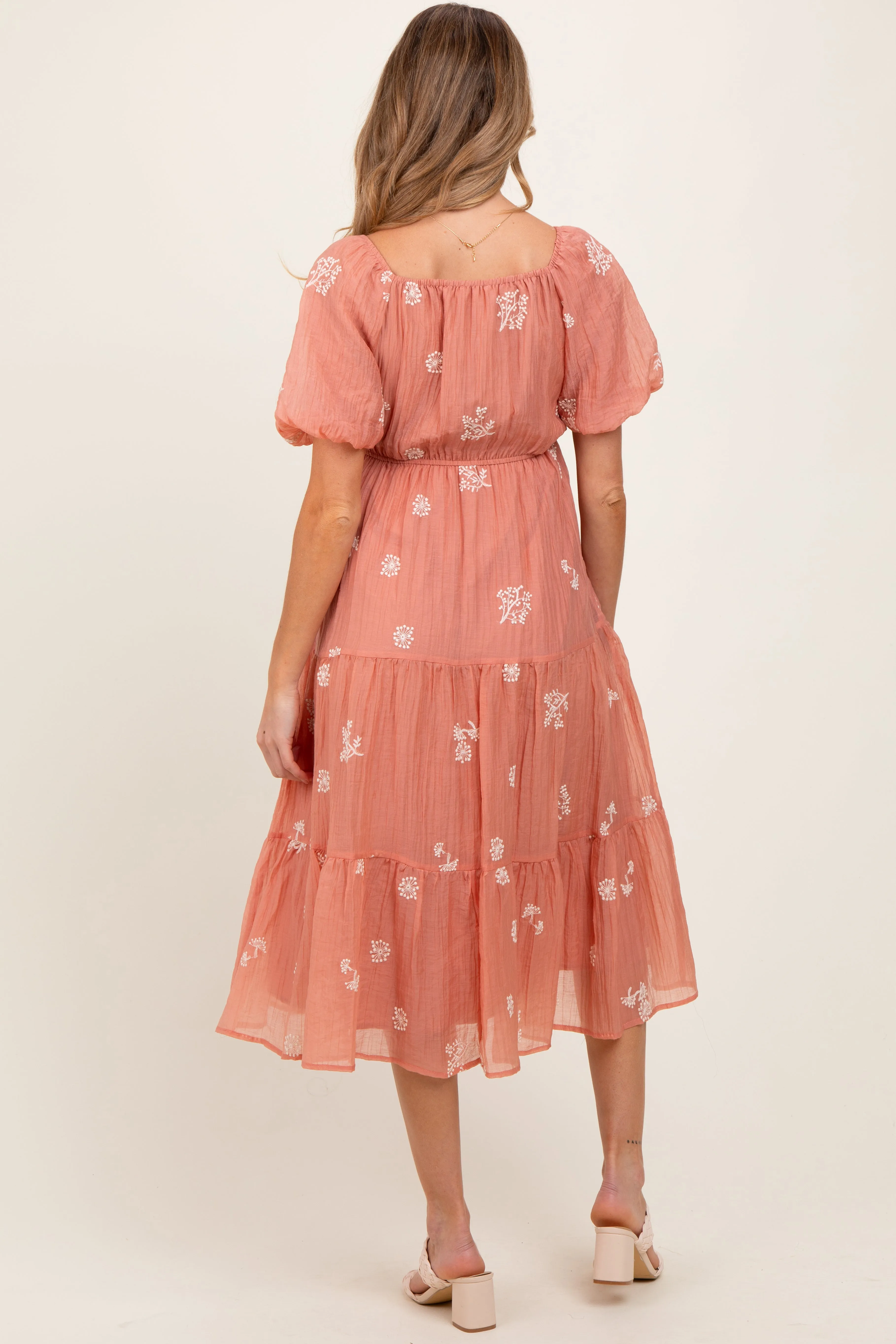 Light Pink Floral Embroidered Tiered Maternity Midi Dress sold by Pinkblush product image thumbnail 3