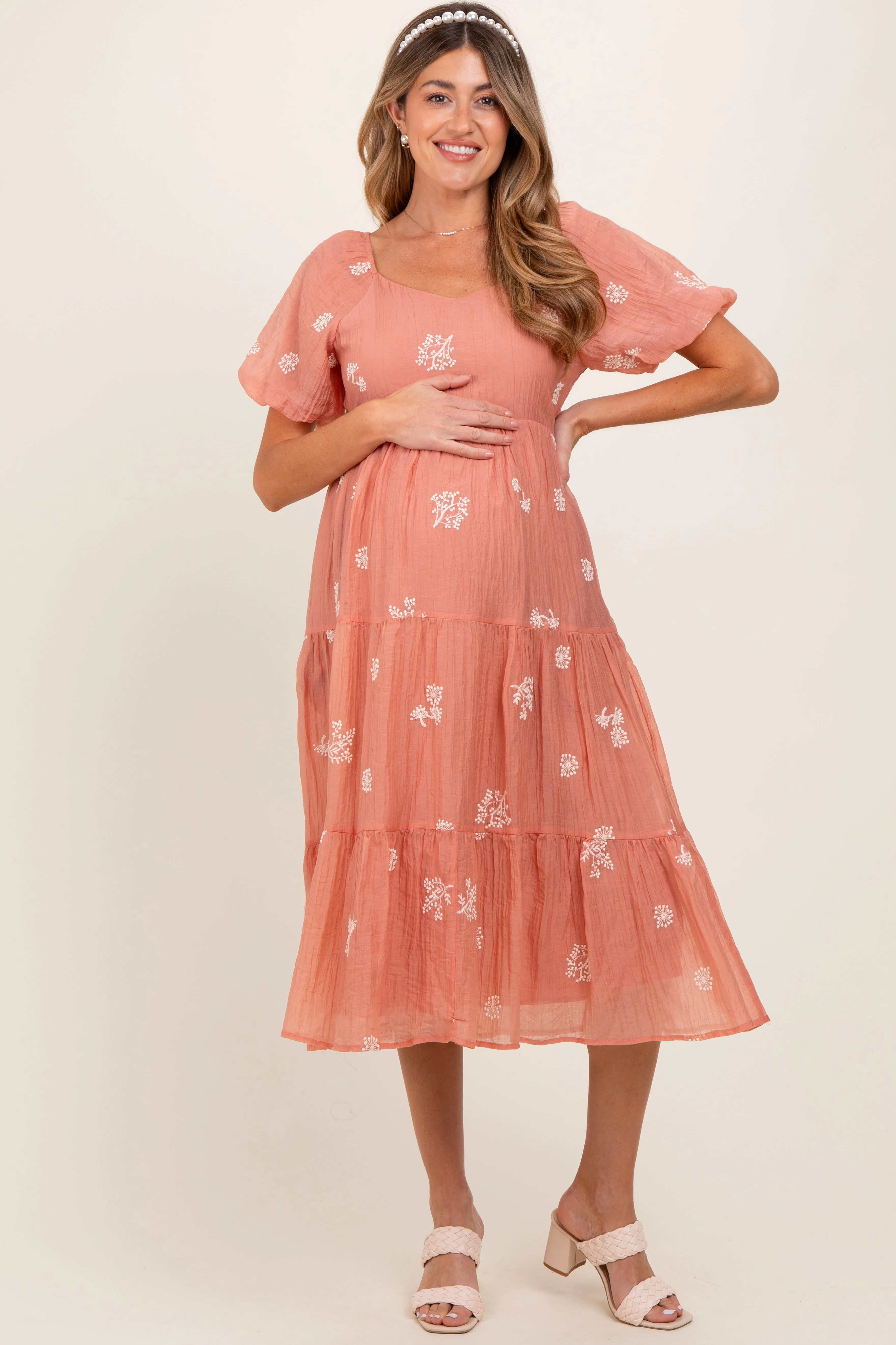 Light Pink Floral Embroidered Tiered Maternity Midi Dress sold by Pinkblush