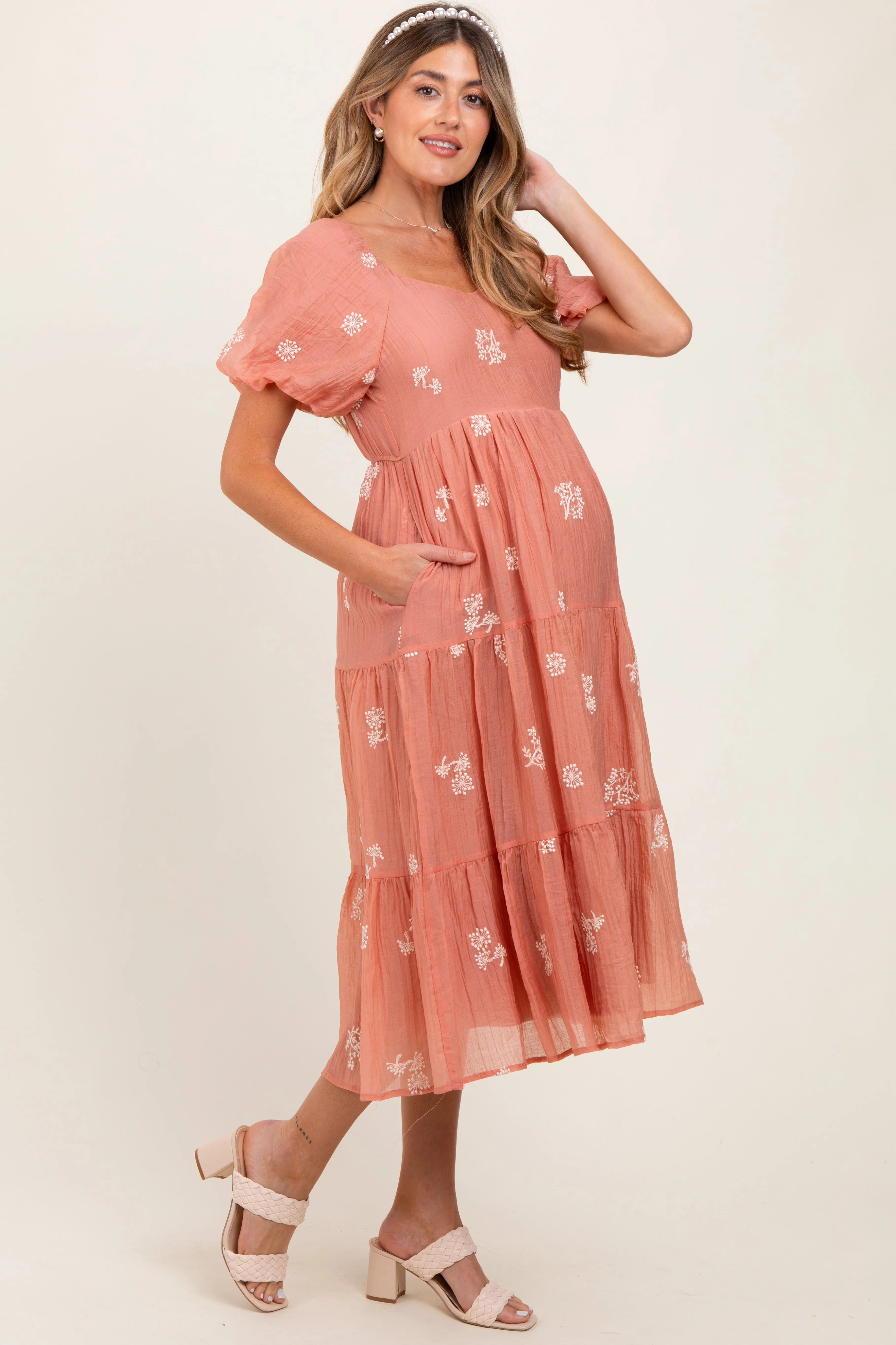 Light Pink Floral Embroidered Tiered Maternity Midi Dress sold by Pinkblush product image thumbnail 2