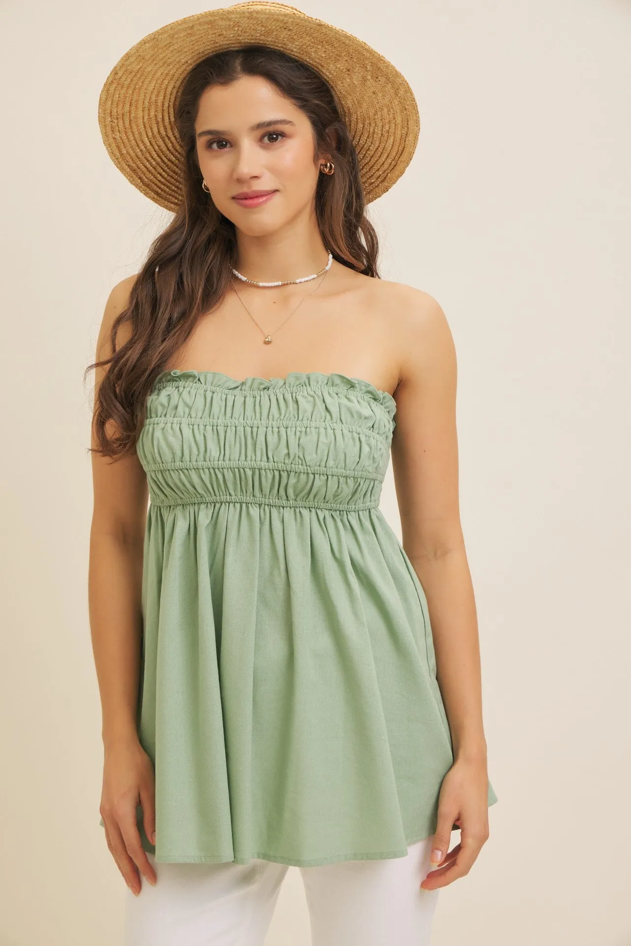 Light Olive Linen Ruched Strapless Tube Tunic Top sold by Pinkblush product image thumbnail 2