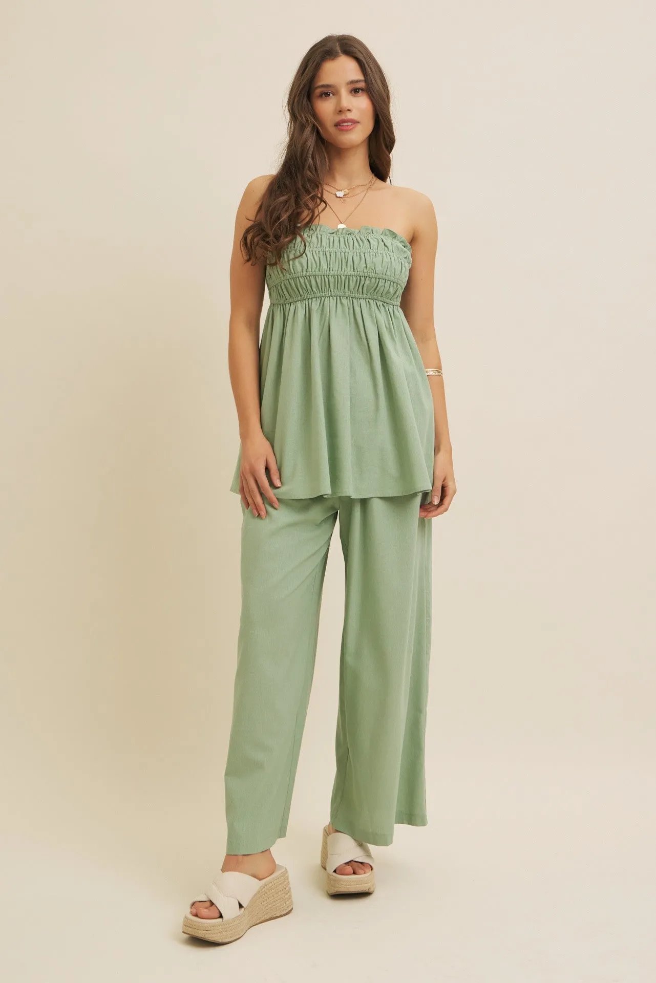 Light Olive Linen Ruched Strapless Tube Tunic Top sold by Pinkblush product image thumbnail 4