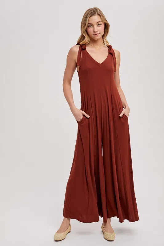 Rust Shoulder Tie Wide Leg Jumpsuit sold by Pinkblush