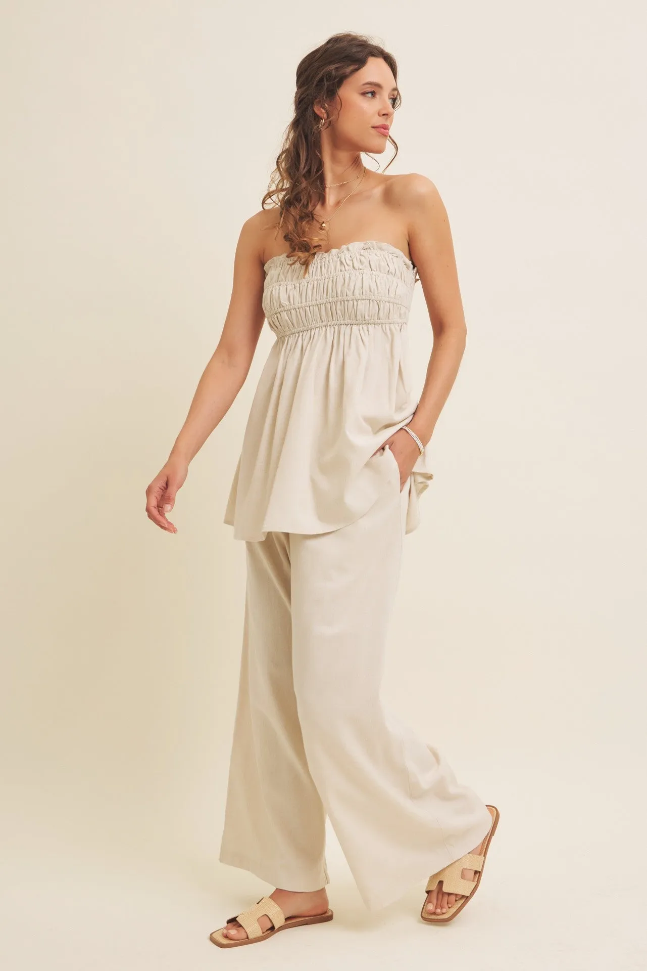 Beige Linen Ruched Strapless Tube Tunic Top sold by Pinkblush product image thumbnail 4