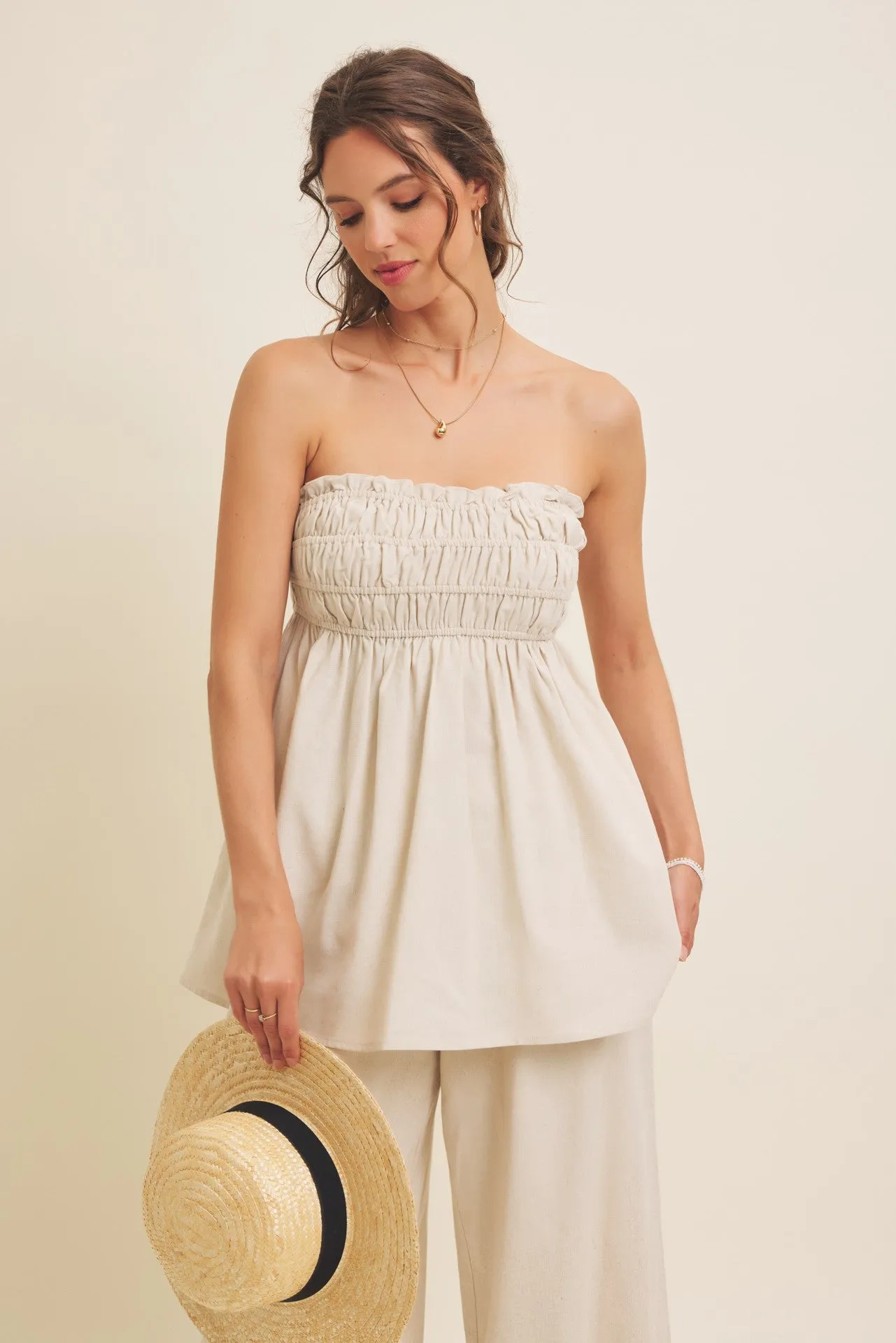 Beige Linen Ruched Strapless Tube Tunic Top sold by Pinkblush