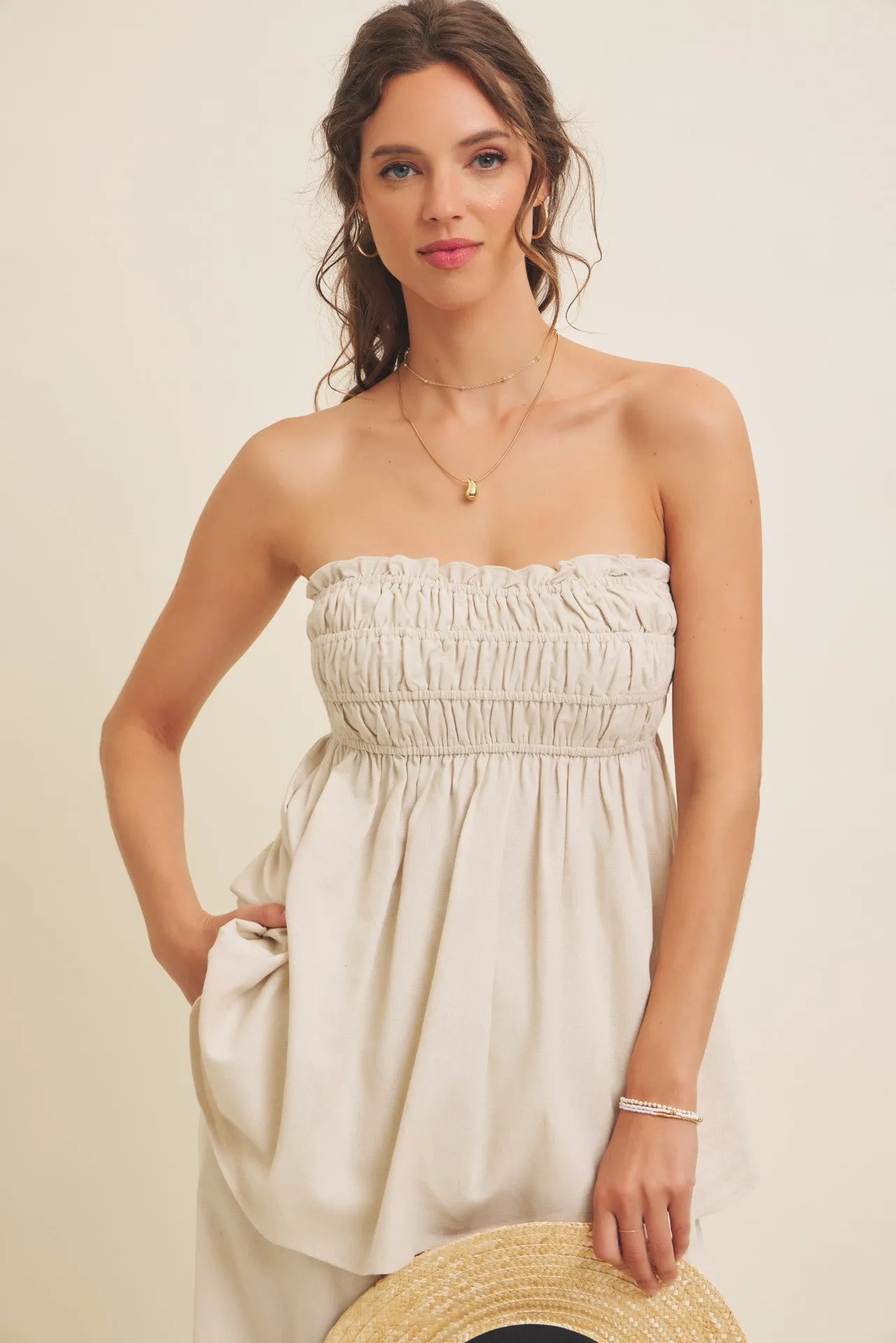 Beige Linen Ruched Strapless Tube Tunic Top sold by Pinkblush product image thumbnail 2