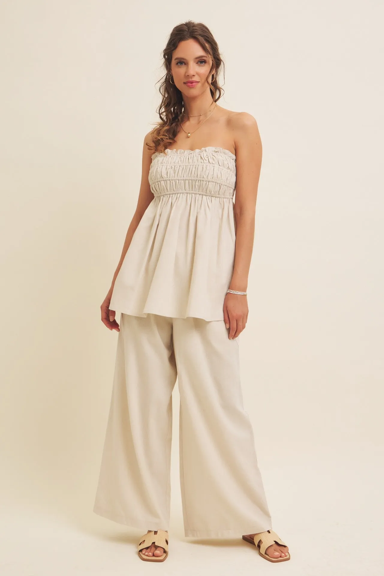 Beige Linen Ruched Strapless Tube Tunic Top sold by Pinkblush product image thumbnail 3